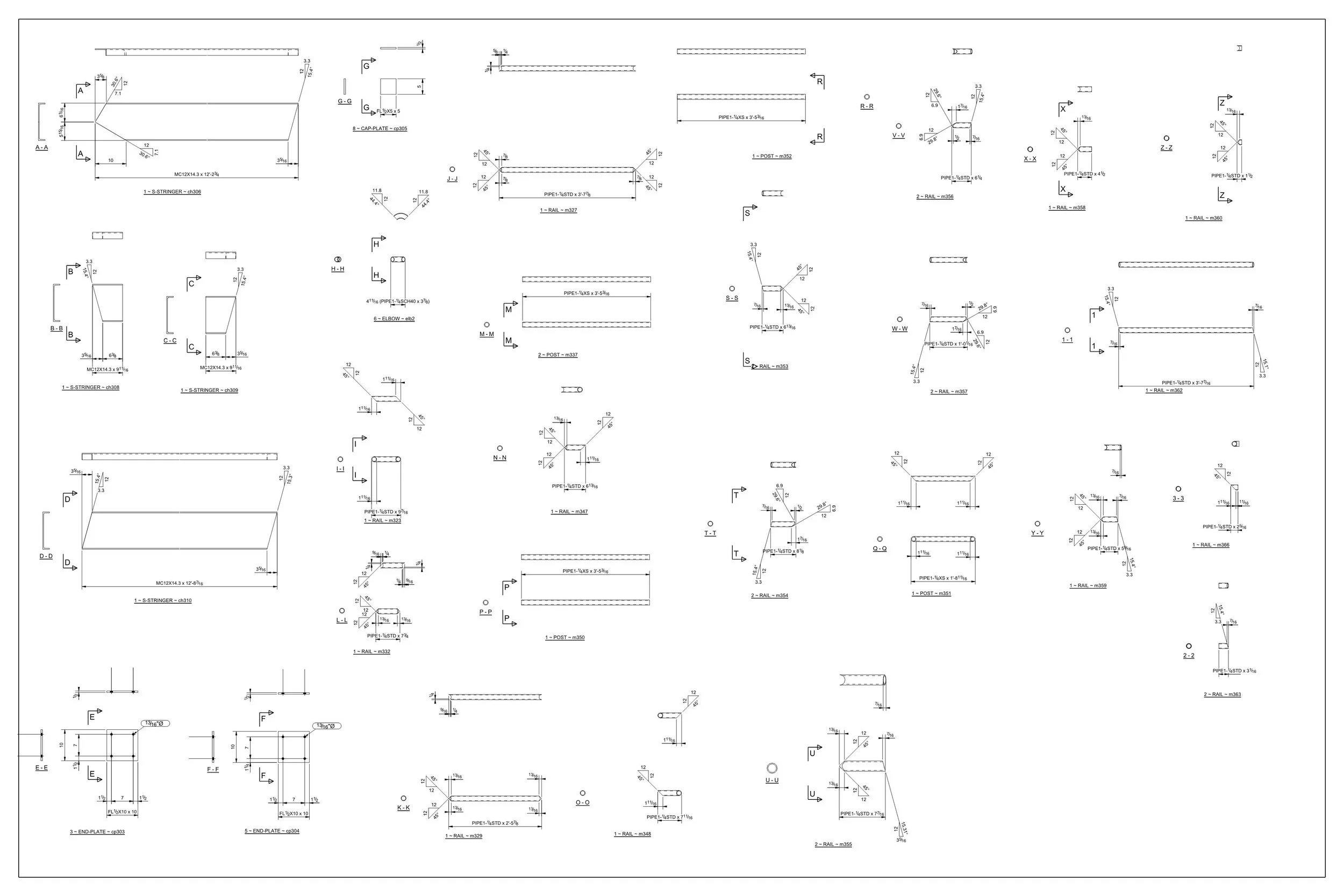 Technical engineering drawing with multiple detailed diagrams and measurements for structural components.