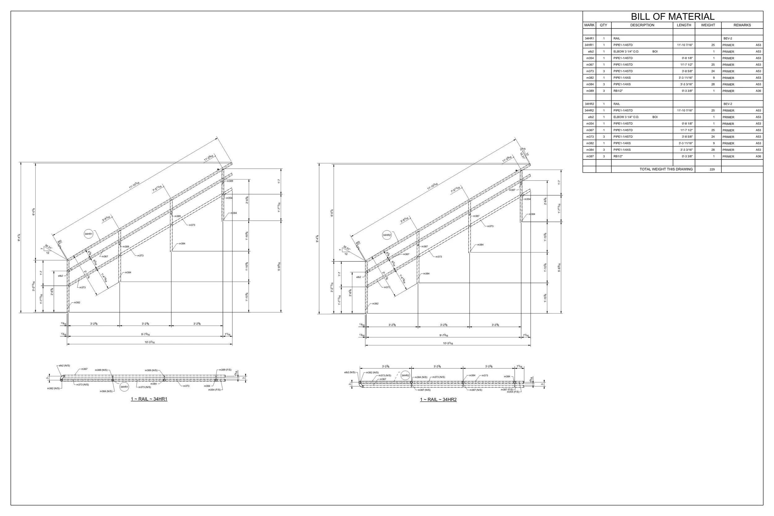 Detailed engineering drawing of a structural framework with measurements and specifications, labeled as 'Bill of Material,' including a parts list in the top right corner.
