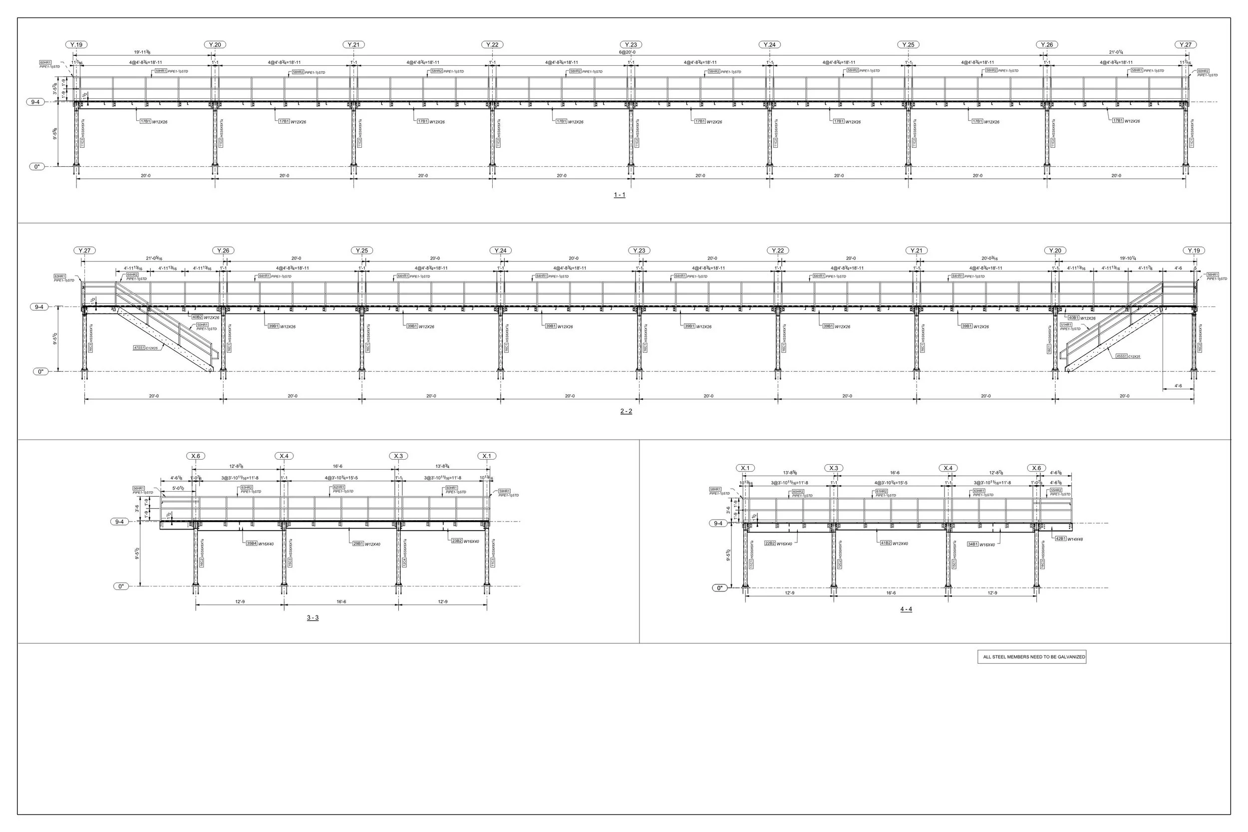 Blueprint drawing of structural steel framework with detailed measurements and labels for construction