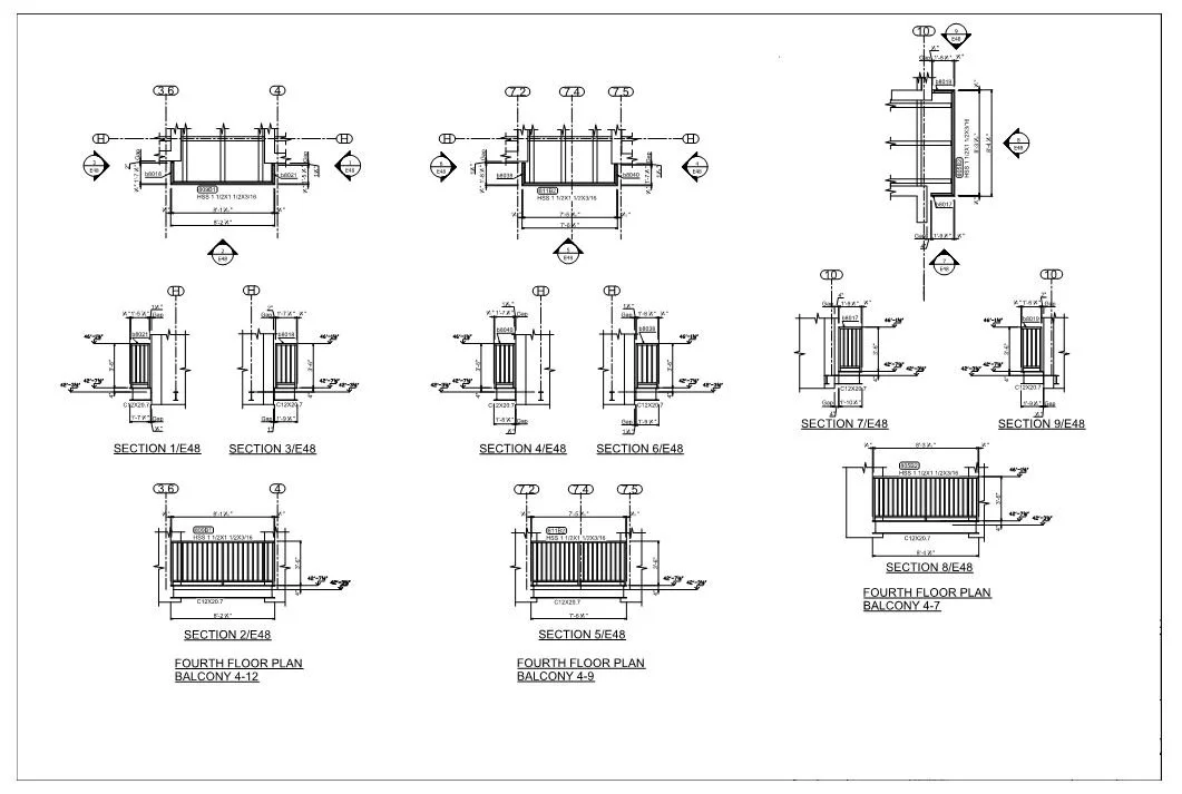Architectural blueprint of a building's fourth floor balconies, including detailed sectional views and measurements for Balconies 4-12 and 4-9.
