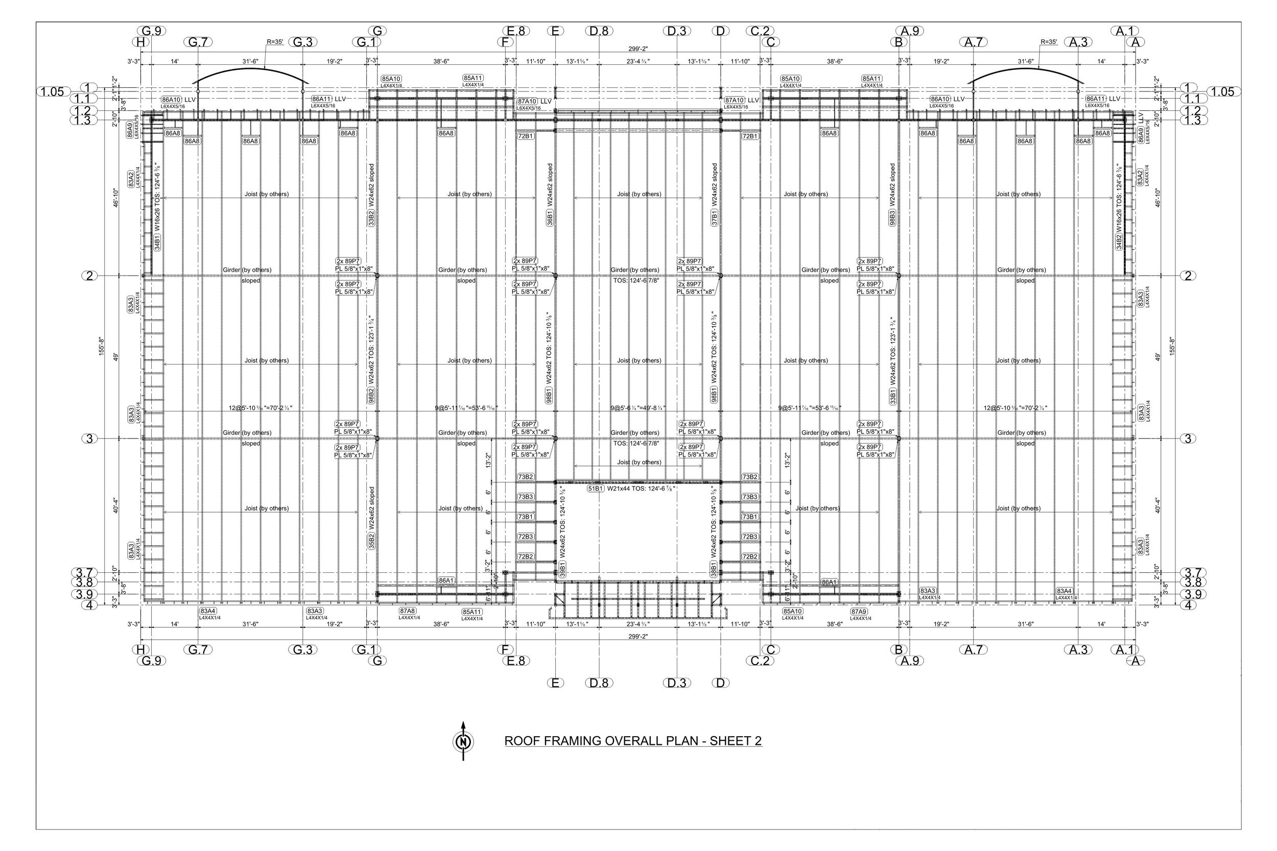 Architectural blueprint of roof framing plan with detailed measurements, structural elements, and labels for various sections of the roof.