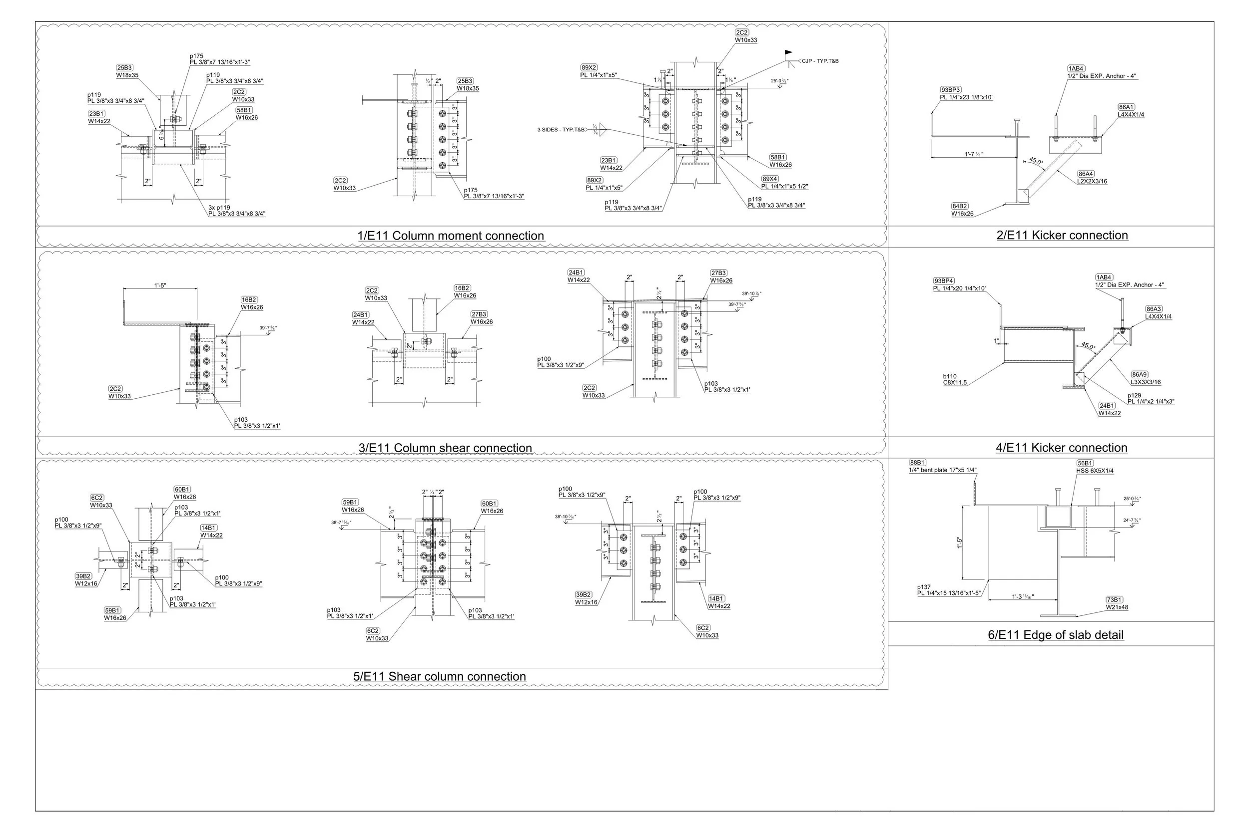 Detailed engineering drawings of various types of column and slab connections, including column moment, kicker, shear, and edge of slab detail, with labels and measurements.