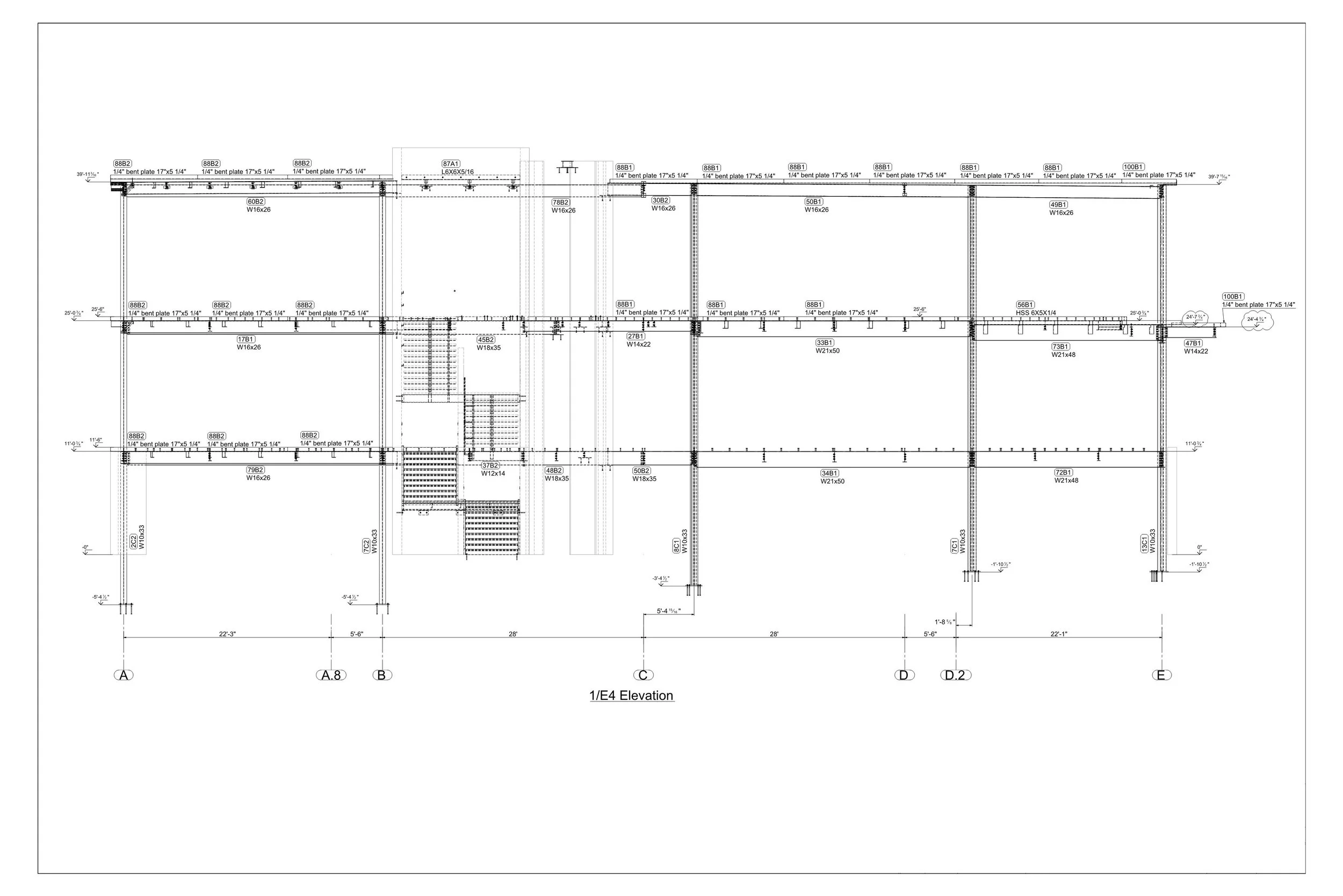 Architectural blueprint of a building's elevation view, showing structural details, measurements, and construction notes.