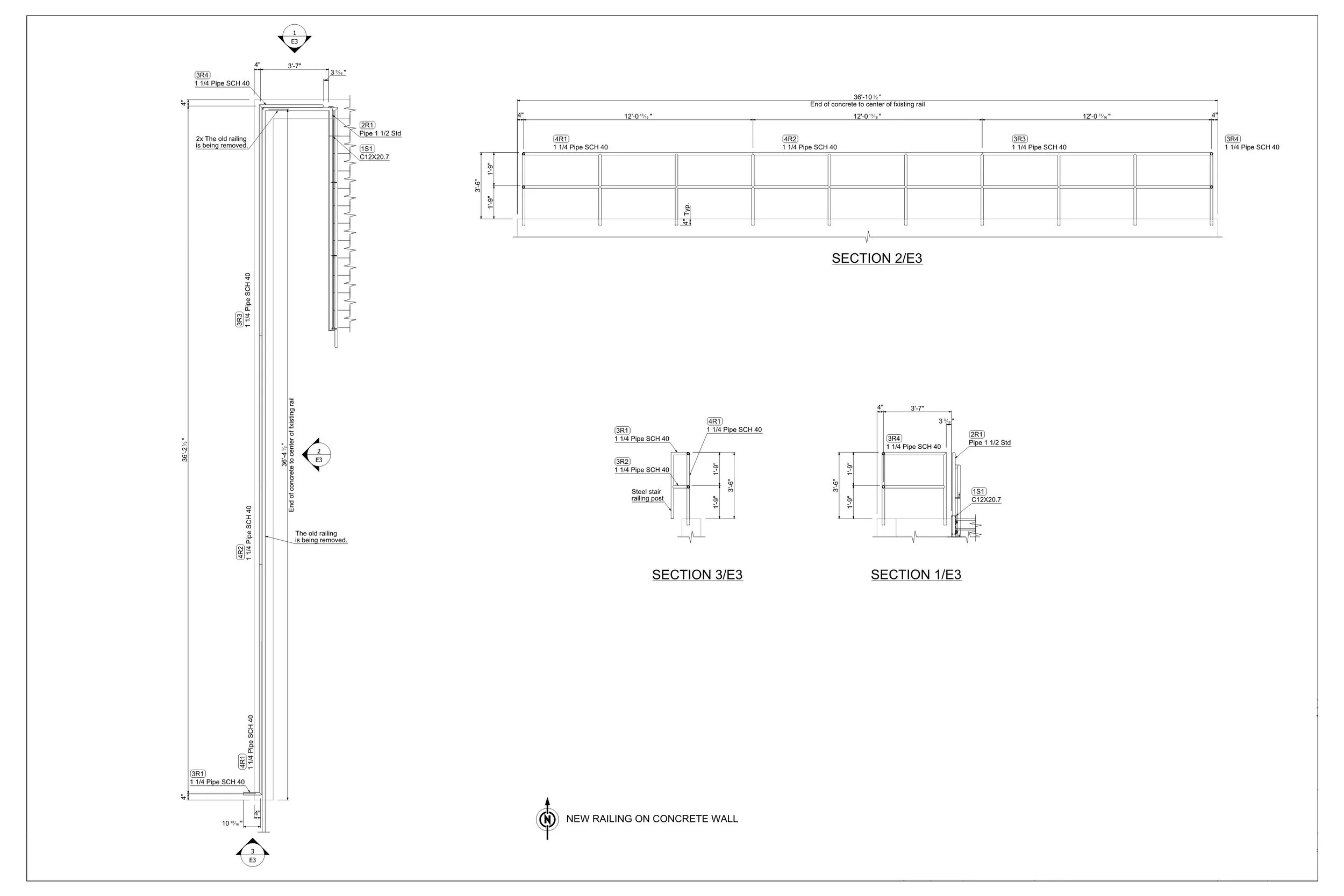 Architectural blueprint of a railing installation on a concrete wall, including side, front, and sectional views with measurements and construction details.
