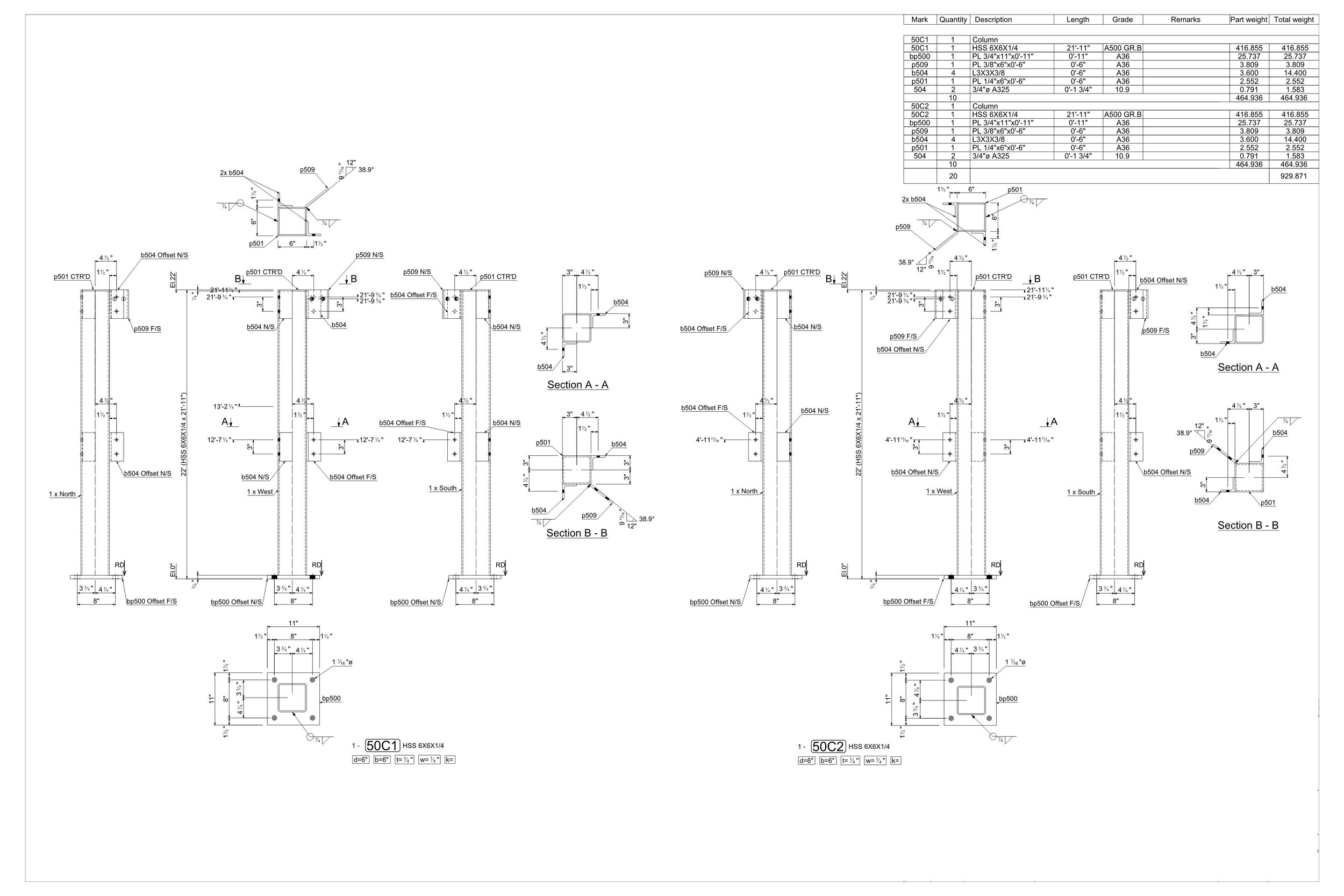 Technical engineering drawing showing detailed sections and views of a structural or mechanical component with measurements, labels, and specifications.