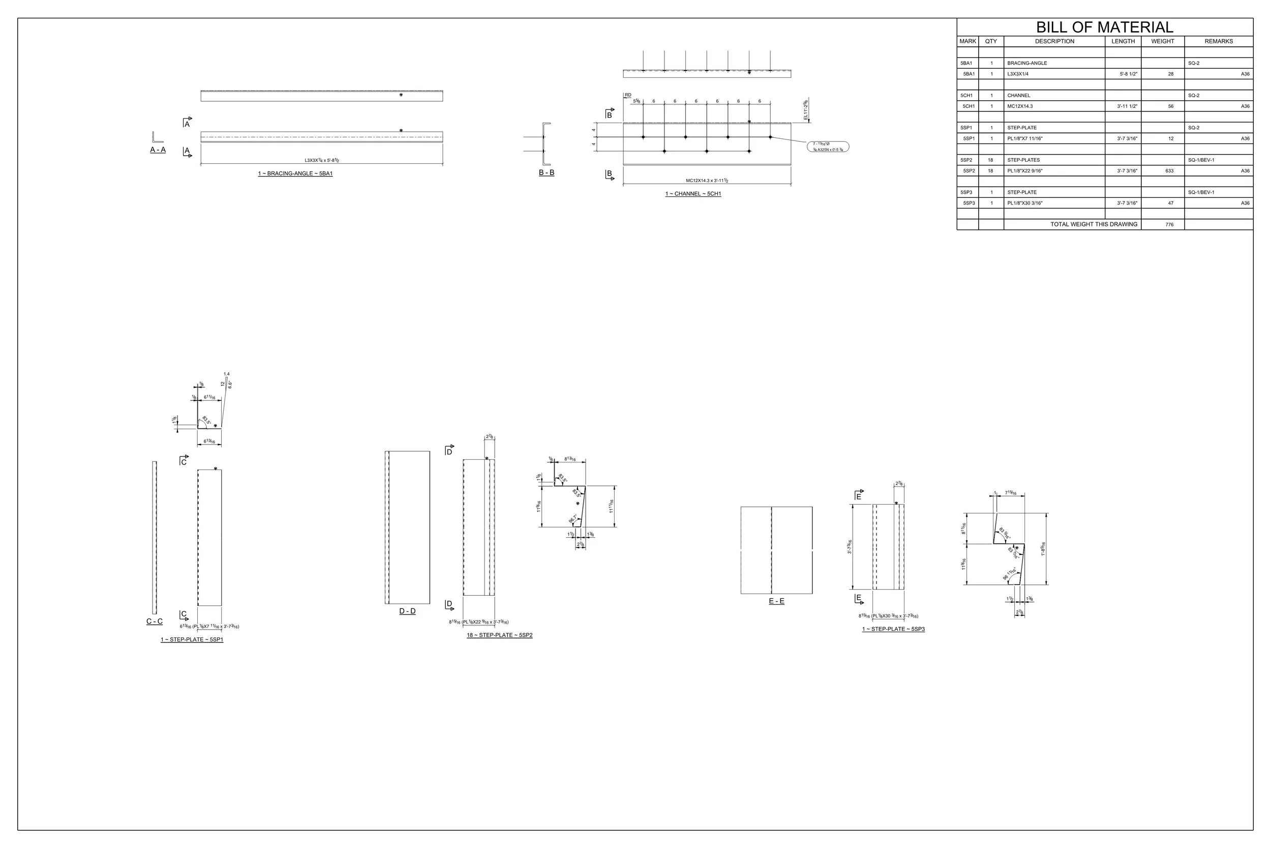 Technical engineering drawing of a bill of material, showing detailed diagrams, measurements, and specifications for various metal parts and components.