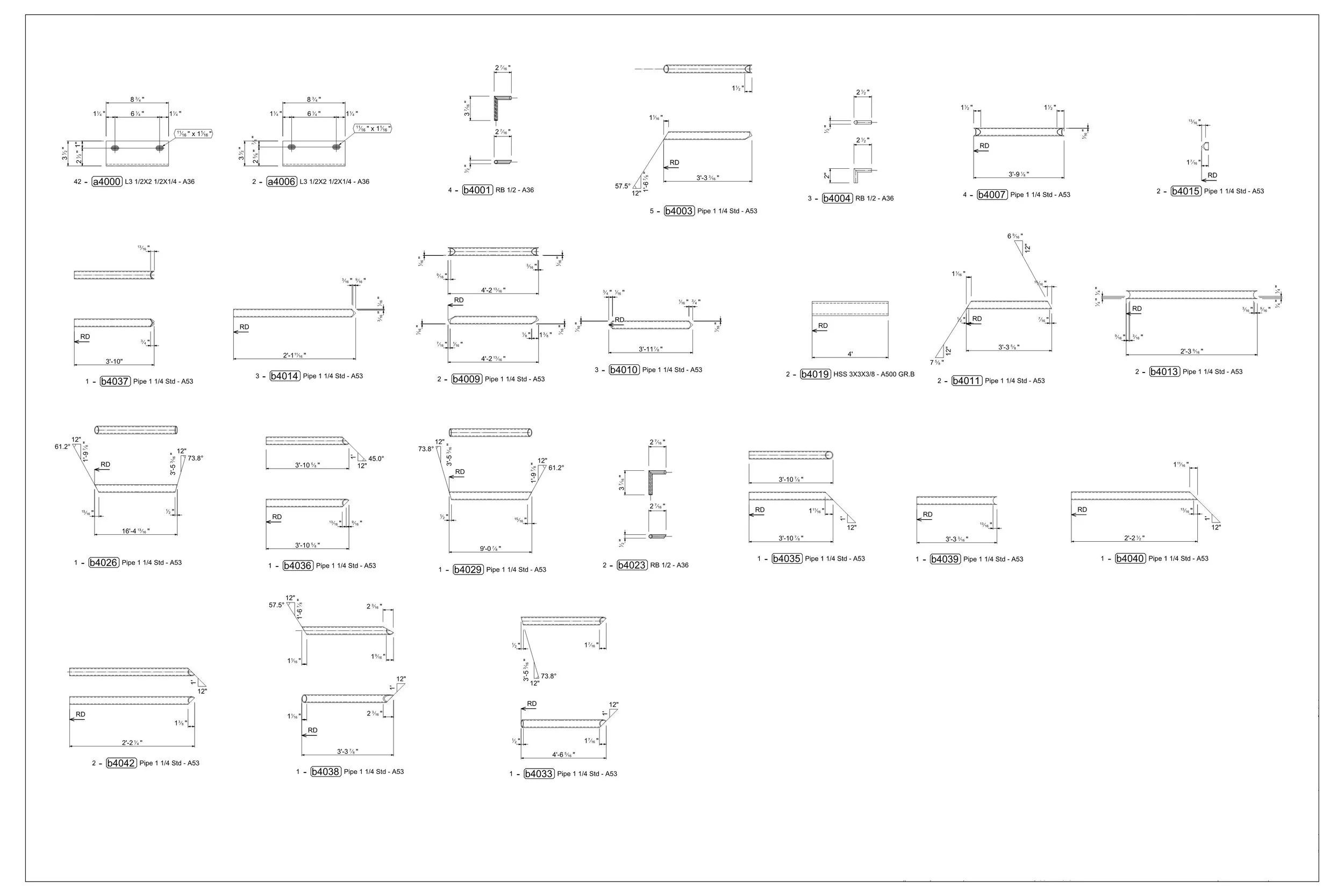 Technical drawing of various piping components with measurements and specifications.