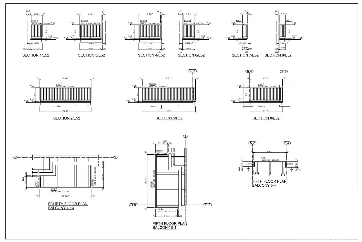 Architectural blueprint of balcony railing designs, including detailed sectional views of different balcony sections and floor plans for the fourth and fifth floors.