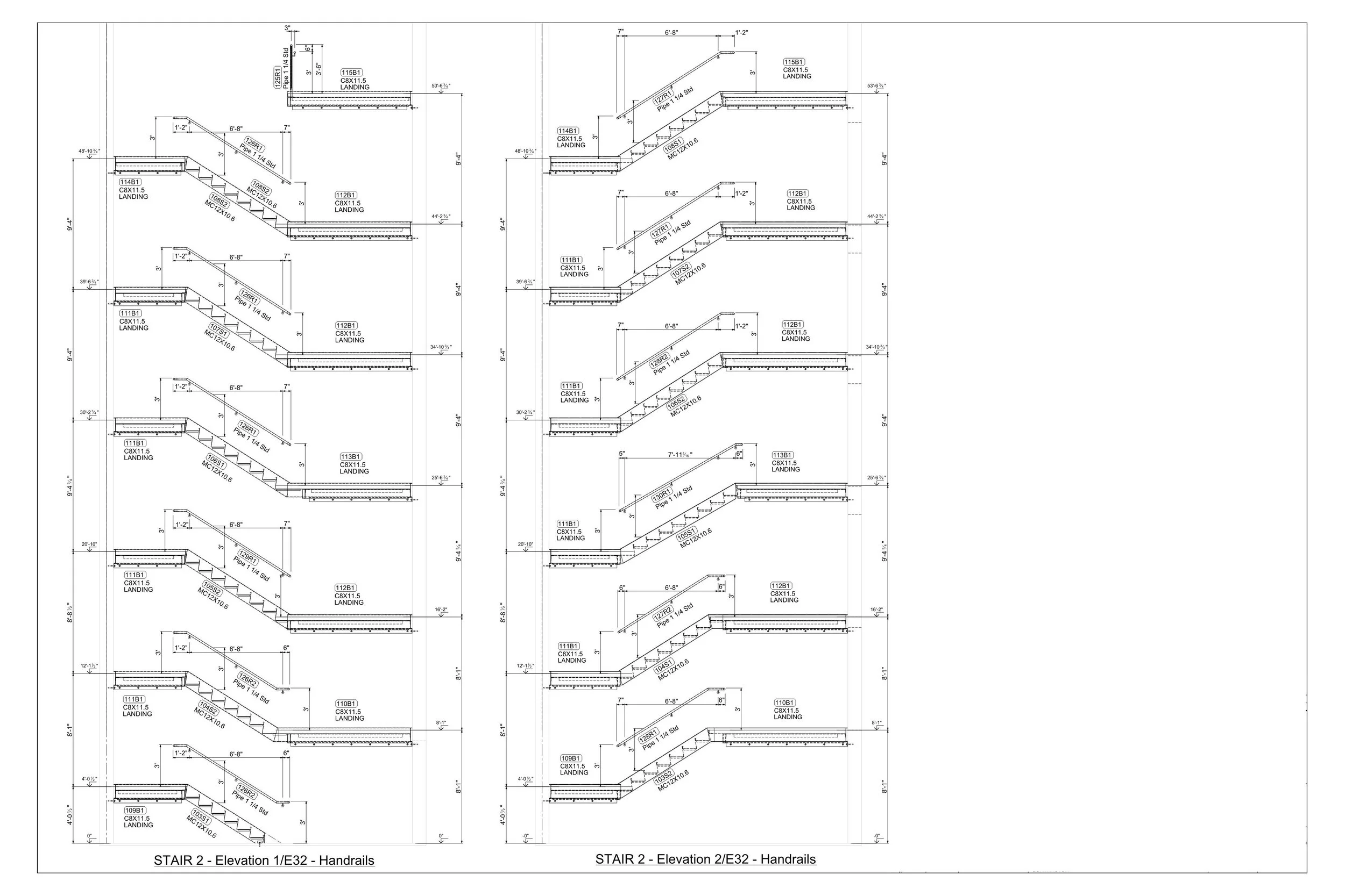 Technical drawing of staircase elevations and handrails with detailed measurements and annotations.