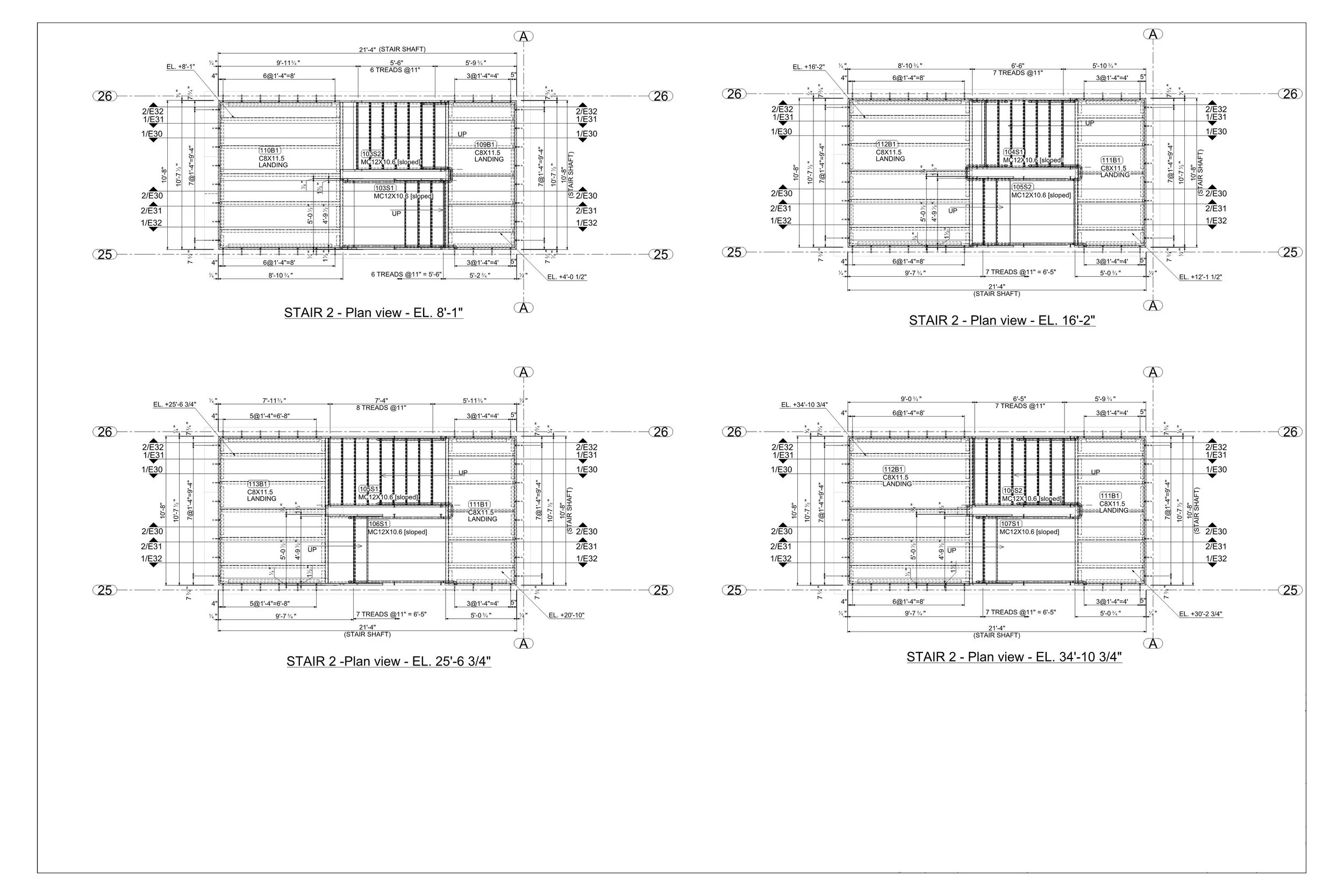 Blueprint drawings showing stair design plans from different elevations labeled as 'STAIR 2 - Plan view' with various measurements and details.