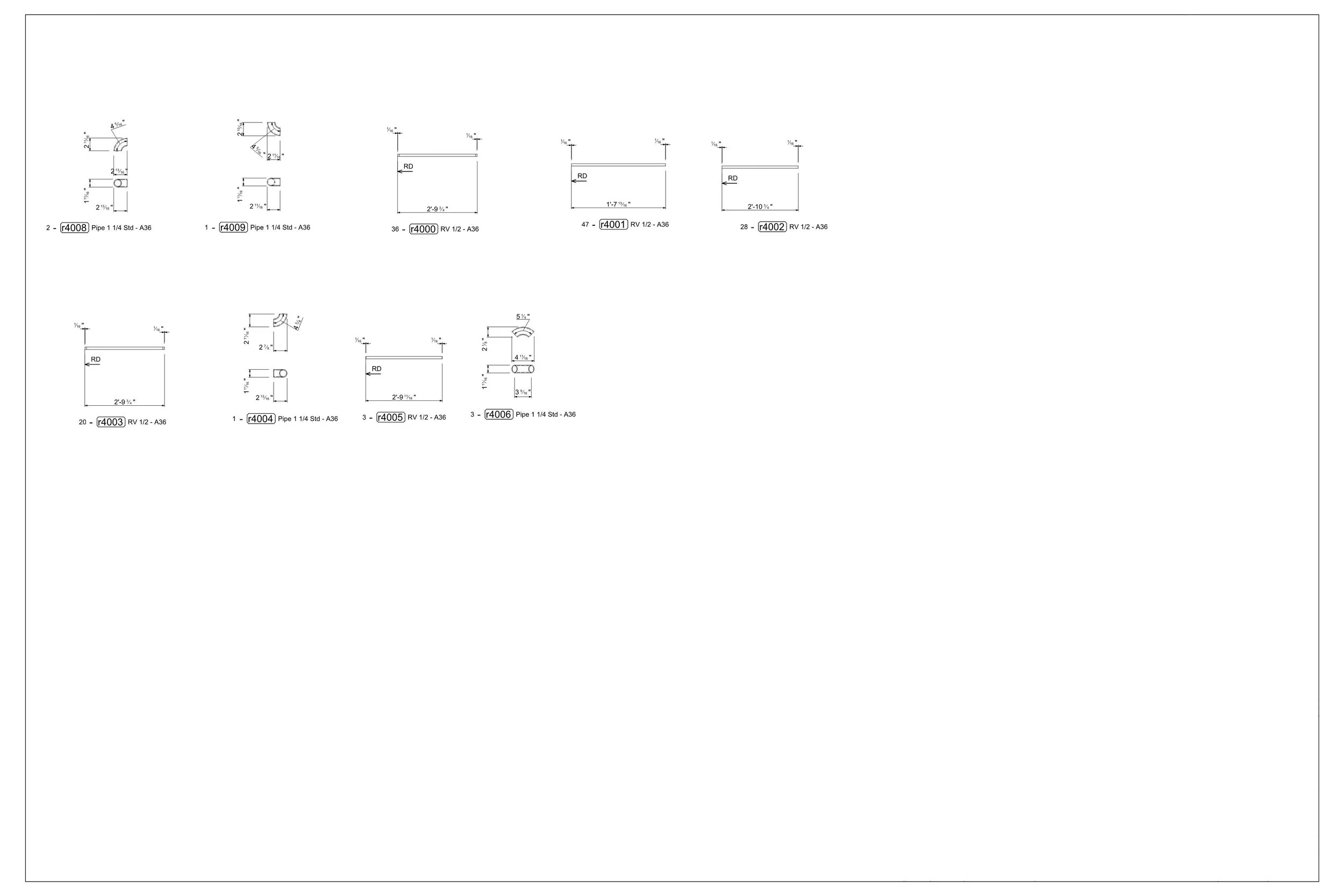 Technical drawing showing multiple pipe fittings with detailed measurements and part numbers.