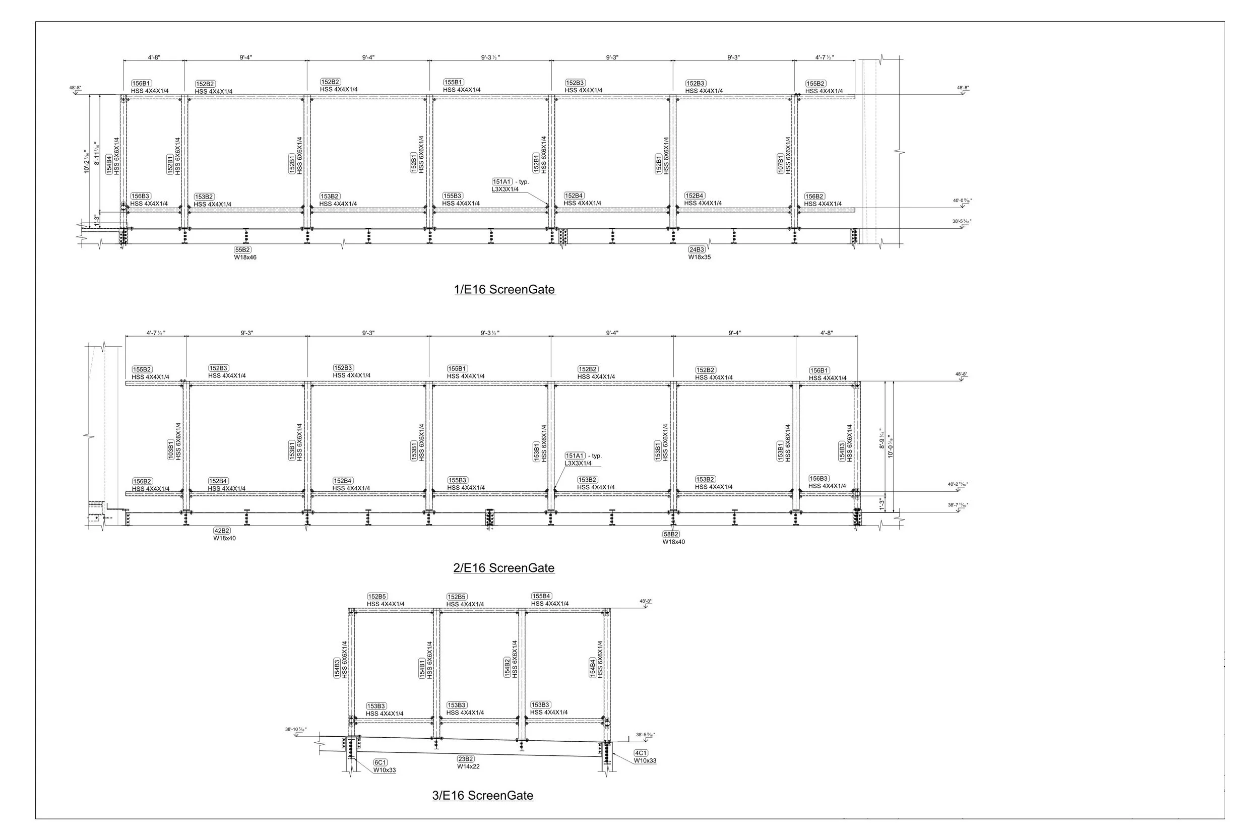 Architectural technical drawing of a building labeled with sections 1/E16, 2/E16, and 3/E16, depicting structural elements, dimensions, and specifications for screen gates.