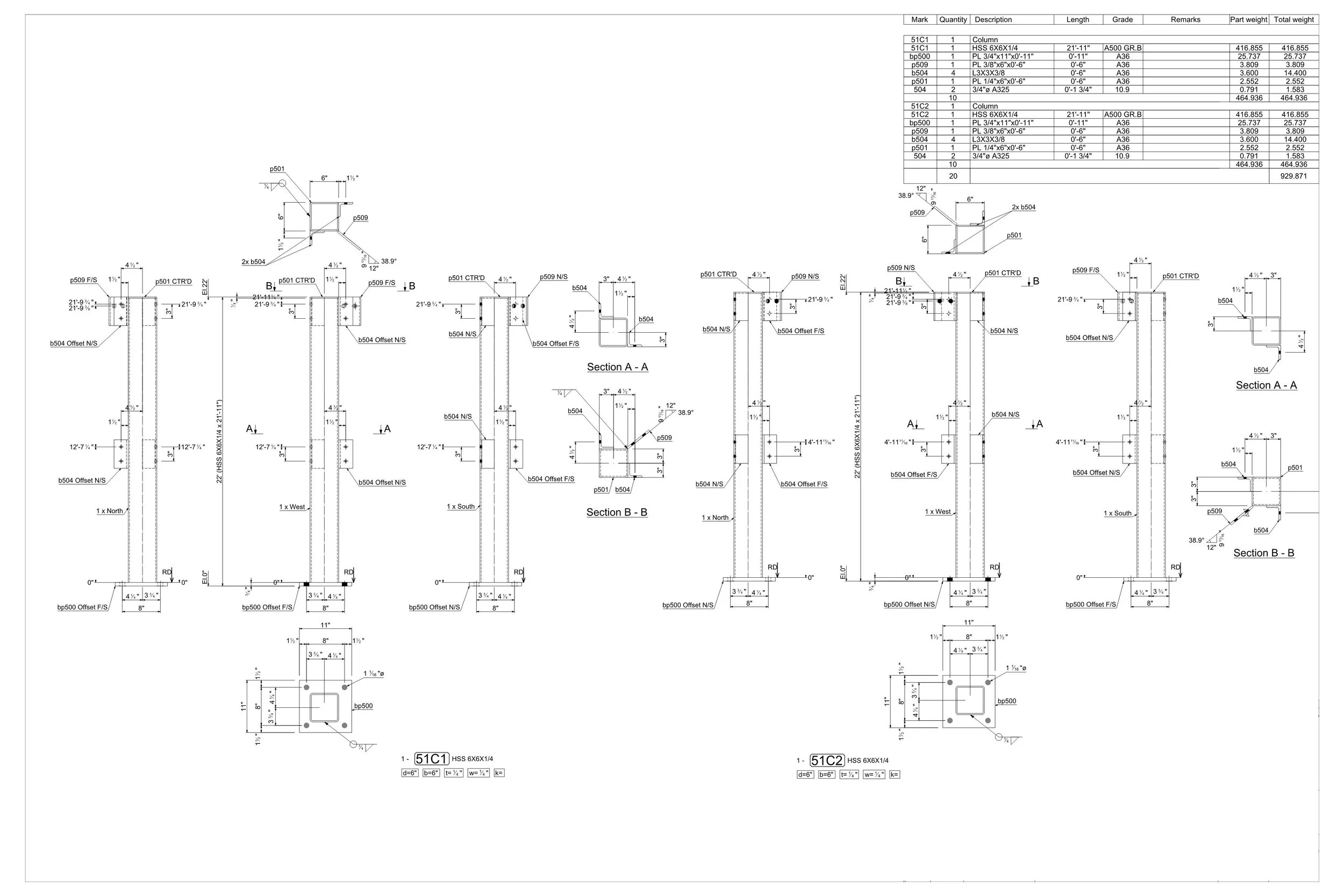 Technical drawing or blueprint of a structural or mechanical component, showing detailed measurements, section views, and part specifications.