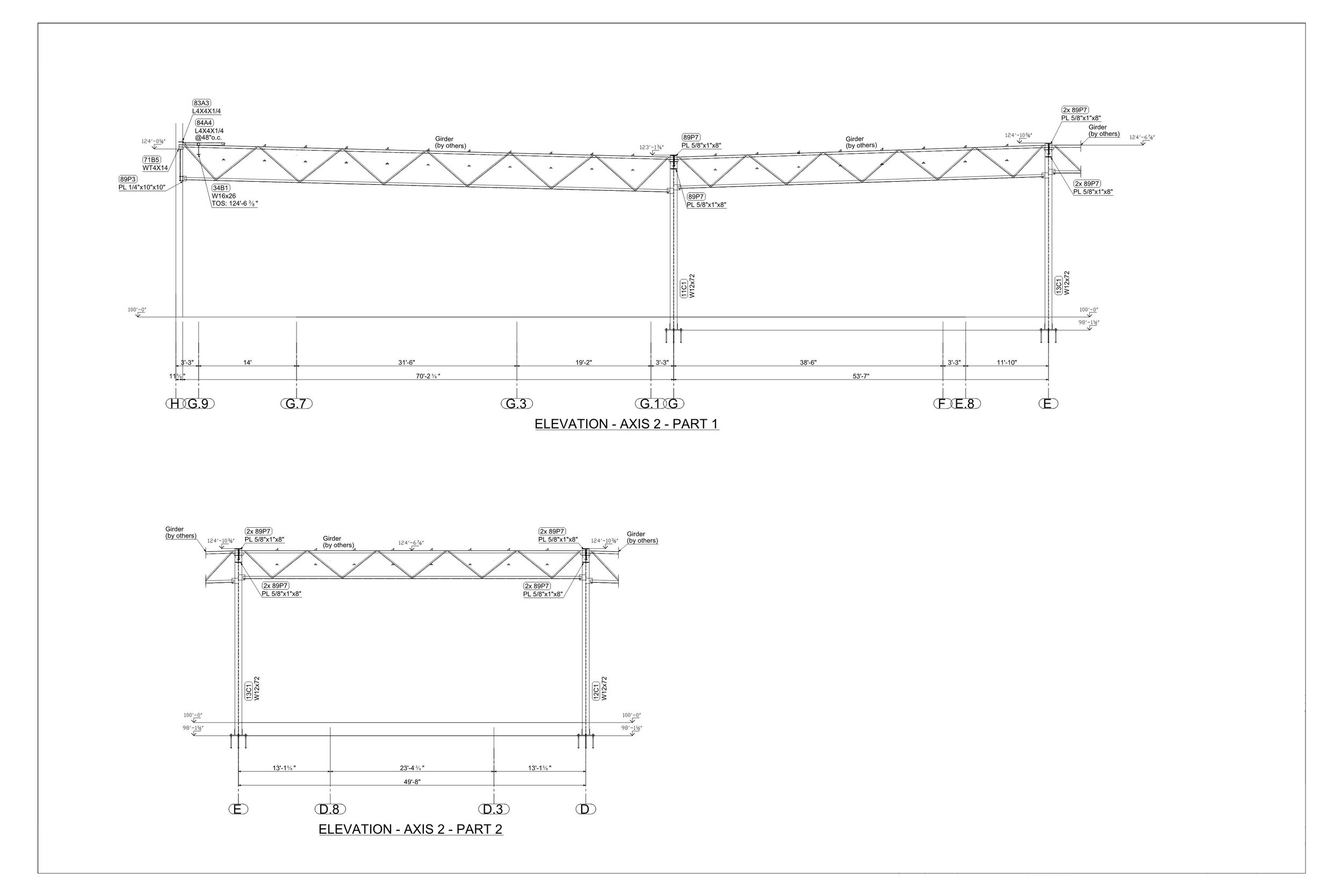 Engineering or architectural drawing of building elevation, showing structural elements like girders and measurements.