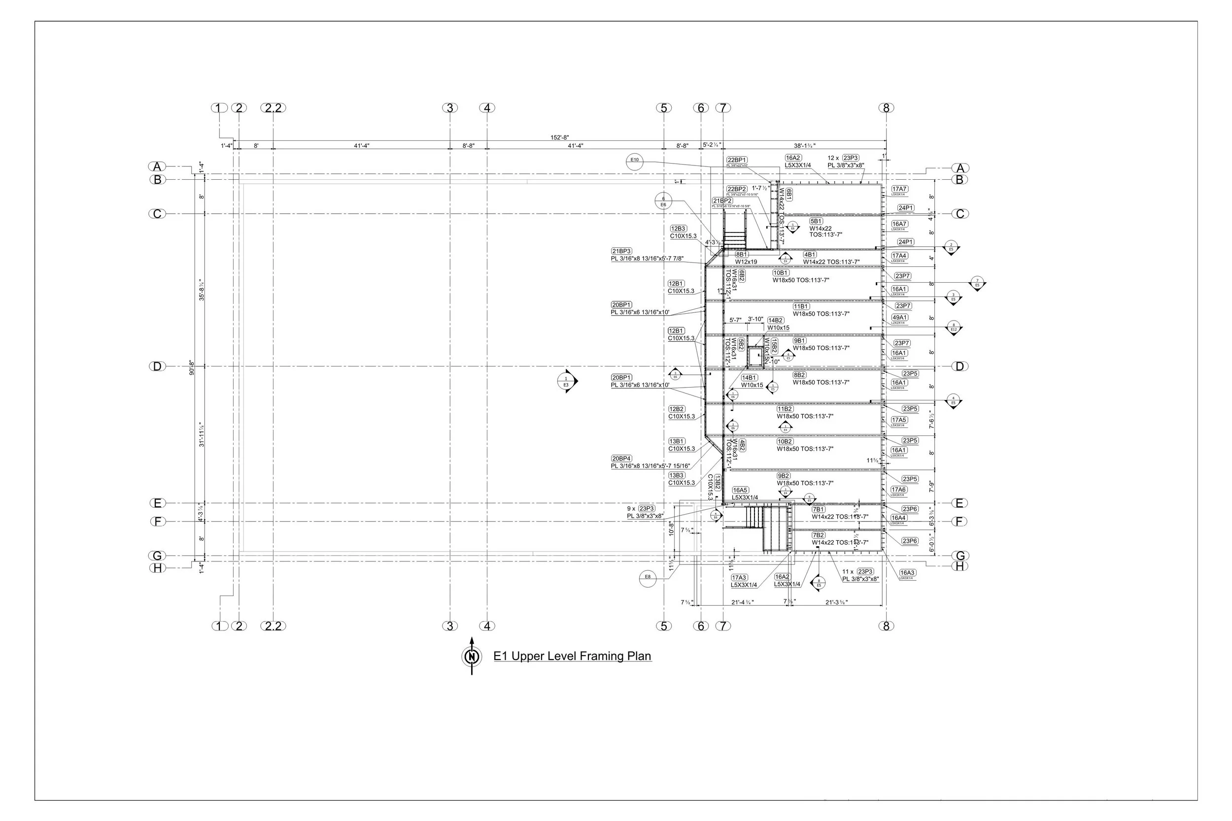 Architectural drawing of an upper level framing plan for a building, showing detailed measurements, structural elements, and layout details.