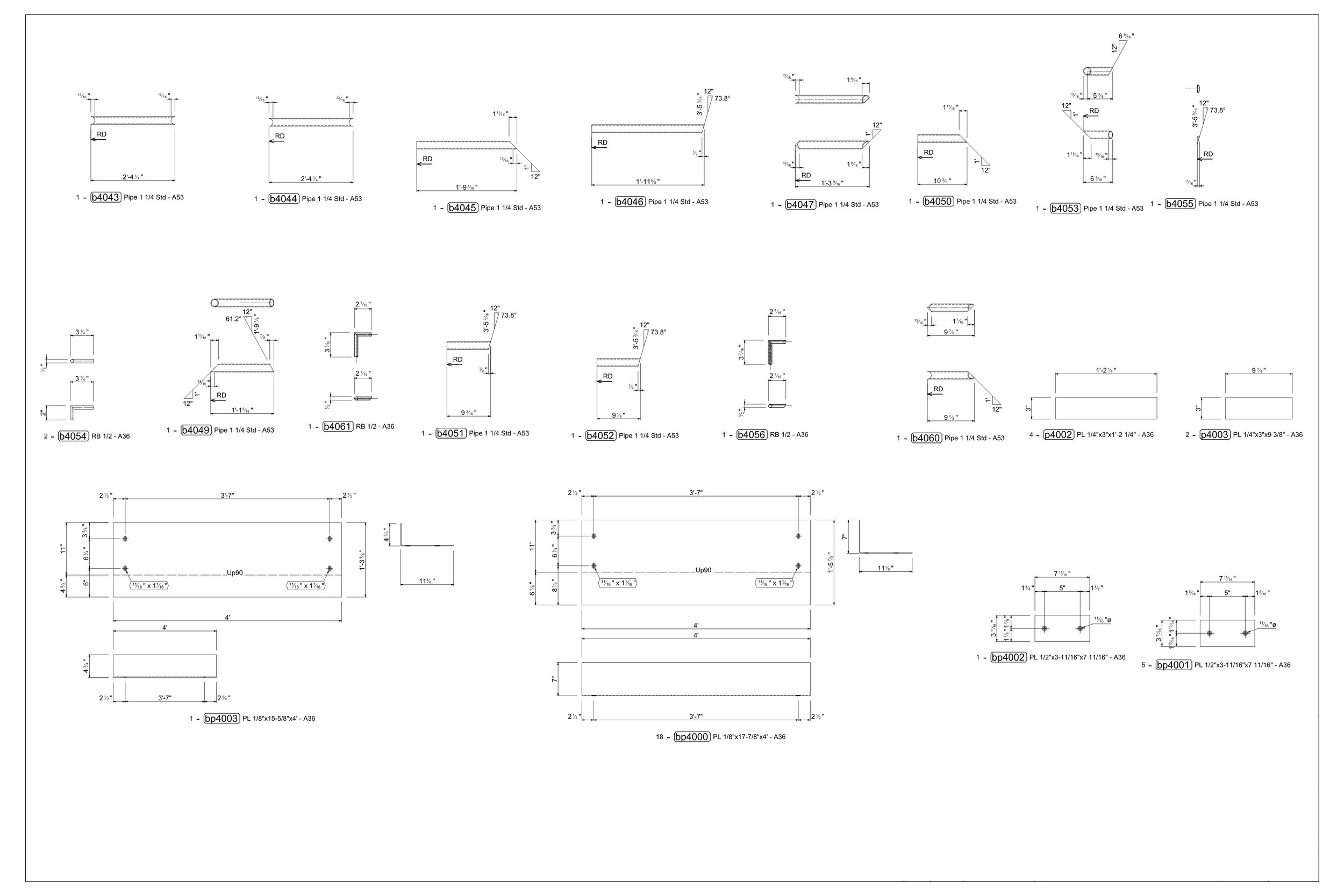 Technical engineering drawing of various pipes and fittings, with detailed measurements and specifications.