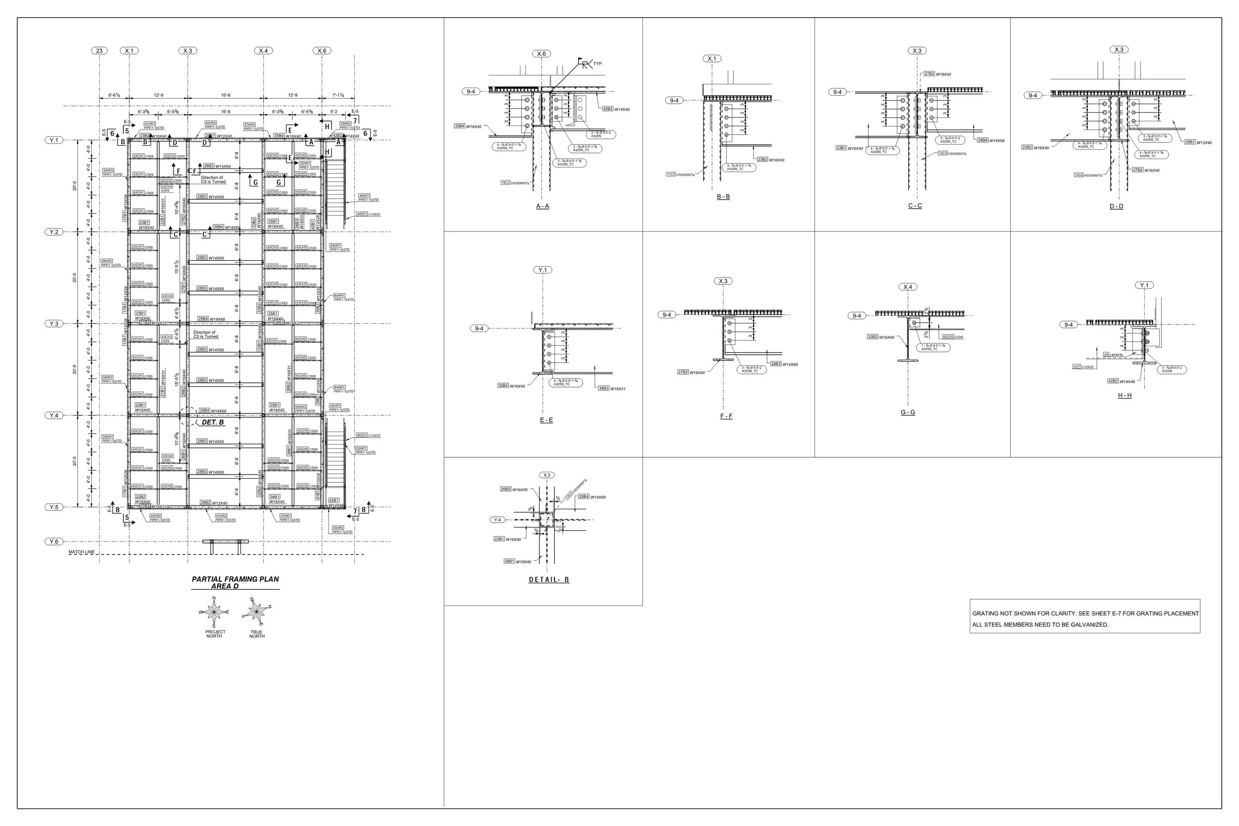 Architectural partial framing plan drawing with detailed sectional views of steel members and connections.