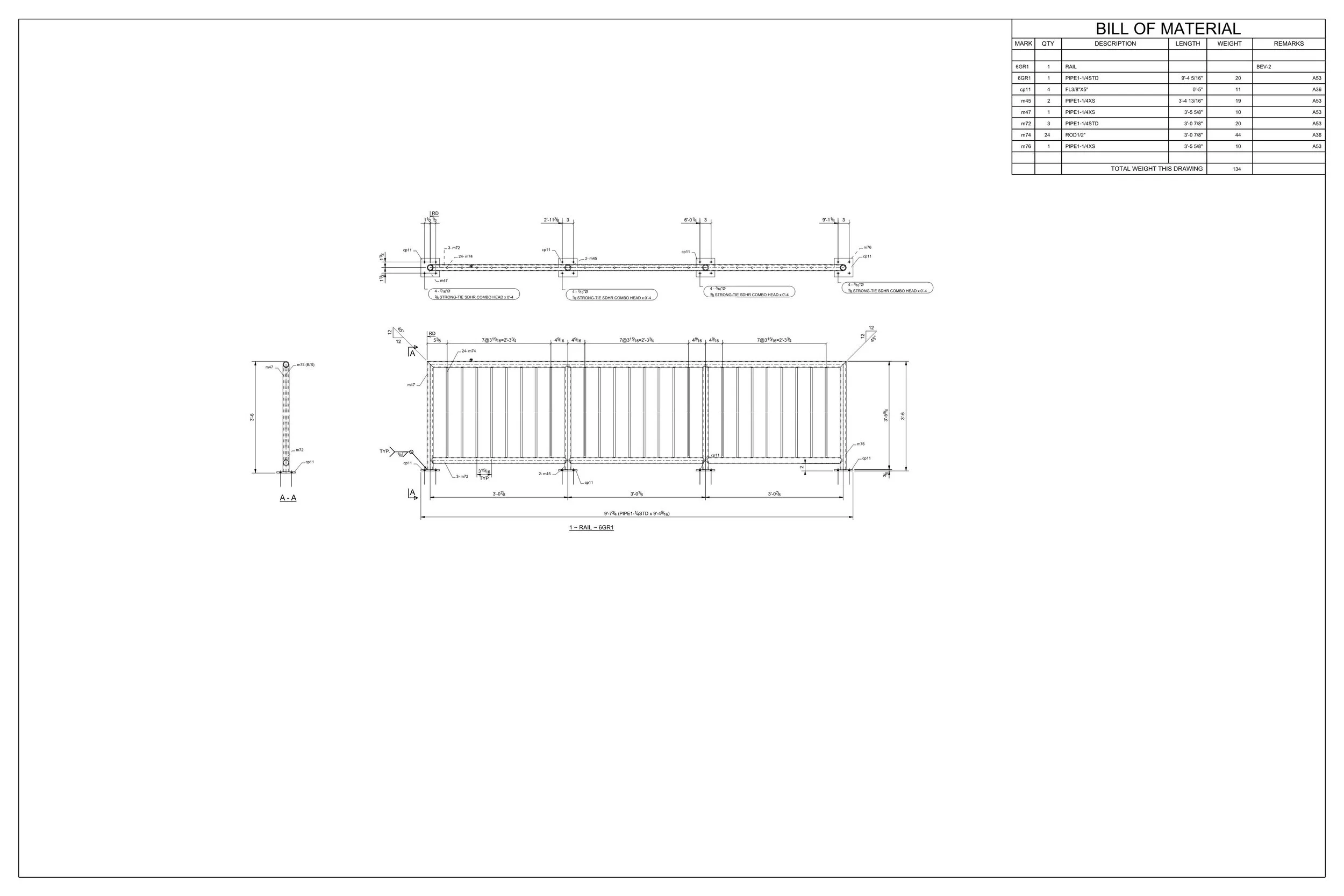 Technical engineering drawing of a metal railing structure, showing dimensions and construction details, with a bill of material in the top right corner.