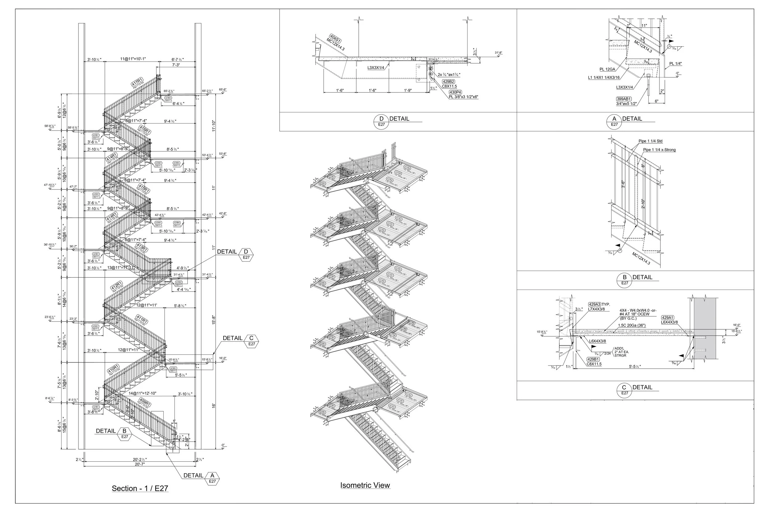 A detailed technical drawing of a multi-story staircase, including measurements, cross-sectional views, and notations, with an isometric view of the staircase in the center.