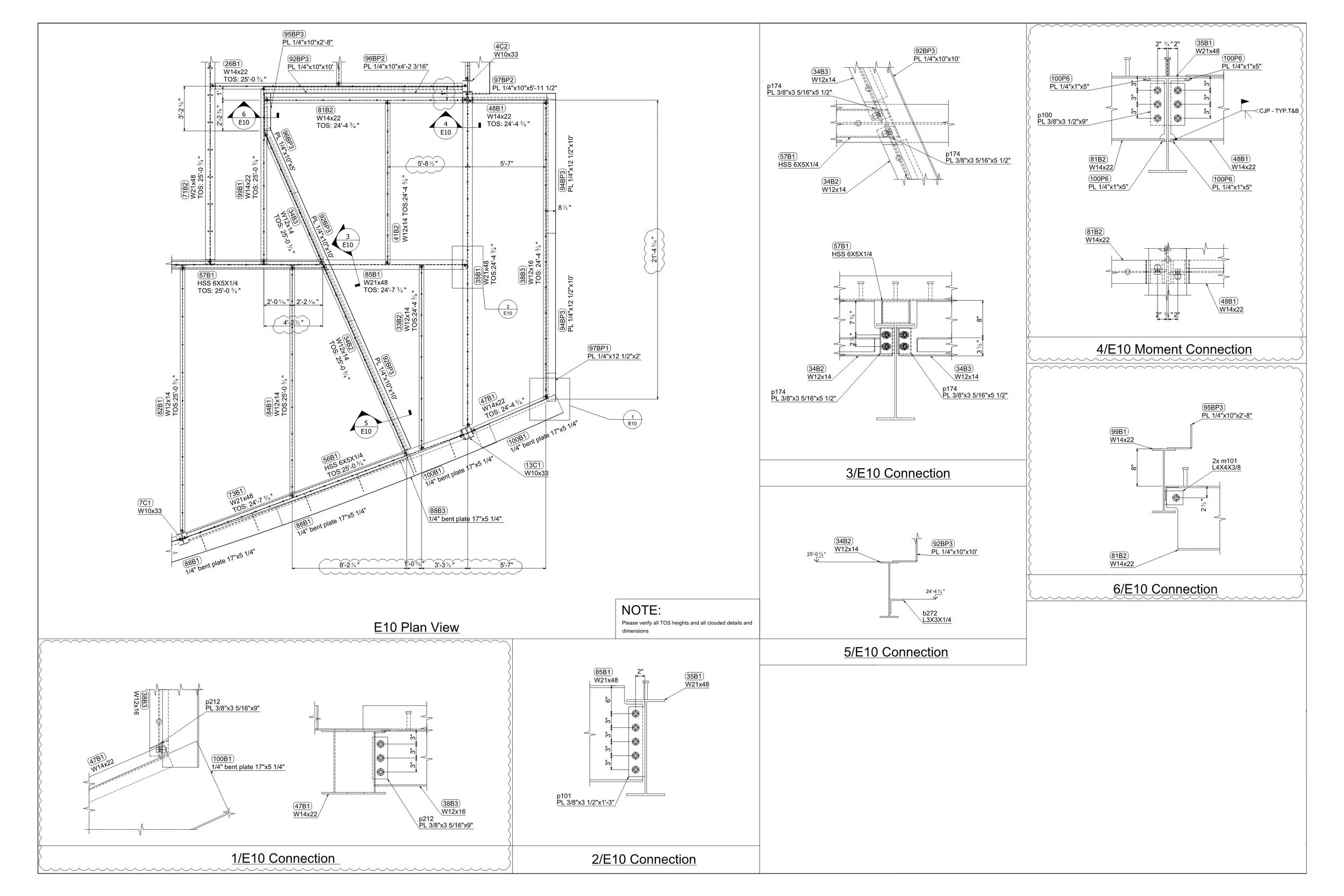 Technical engineering blueprint of E10 structural plan including connections and assembly details.