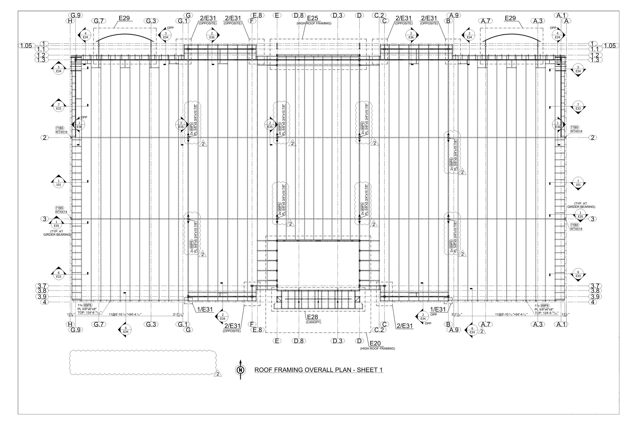 Technical architectural drawing of a building's roof framing overall plan, showing structural details, grid lines, and measurements.