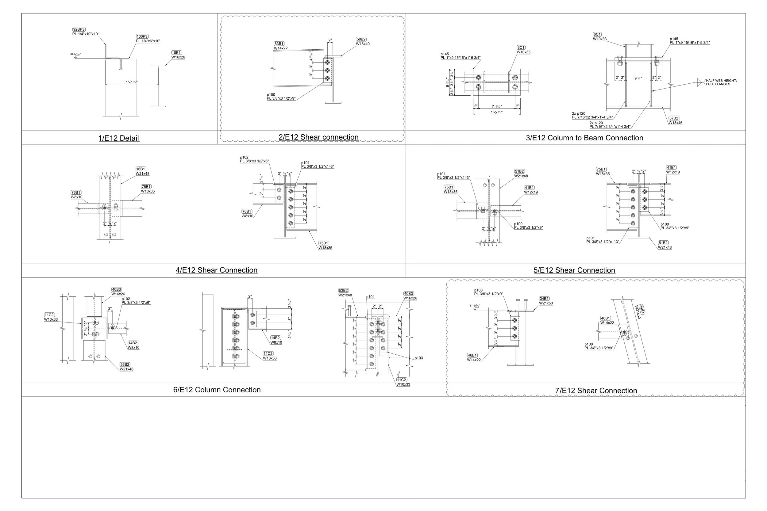 A detailed technical engineering drawing with multiple views and sections of structural connections, including shear and column-beam connections, with measurements and specifications.