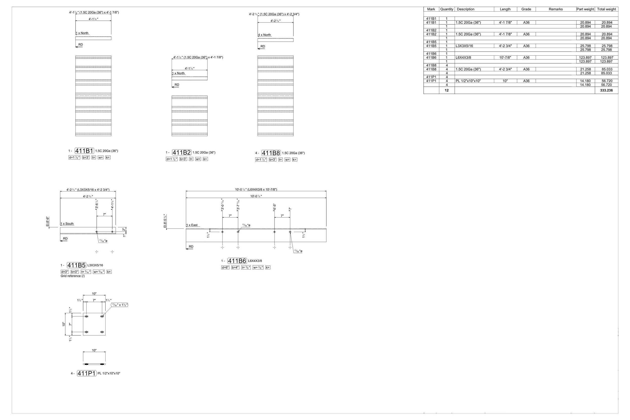 Technical engineering drawing with multiple detailed diagrams, dimensions, part numbers, and specifications for construction or manufacturing components.