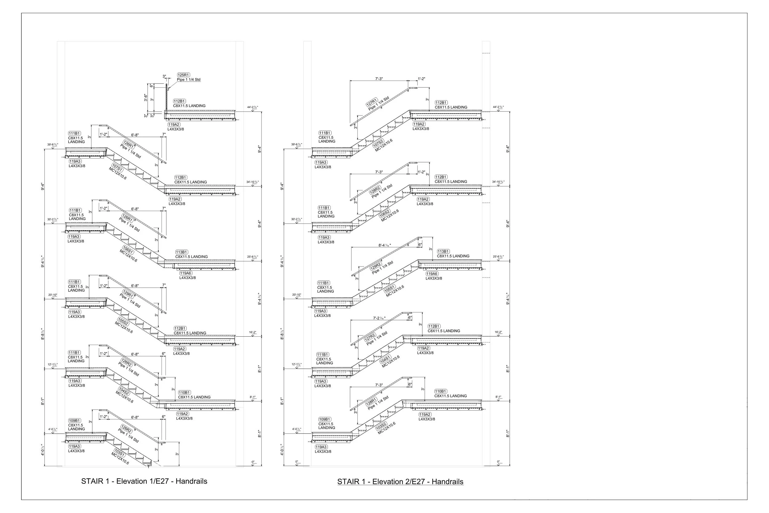 Technical drawing of stair designs showing side and top views with detailed measurements and specifications.