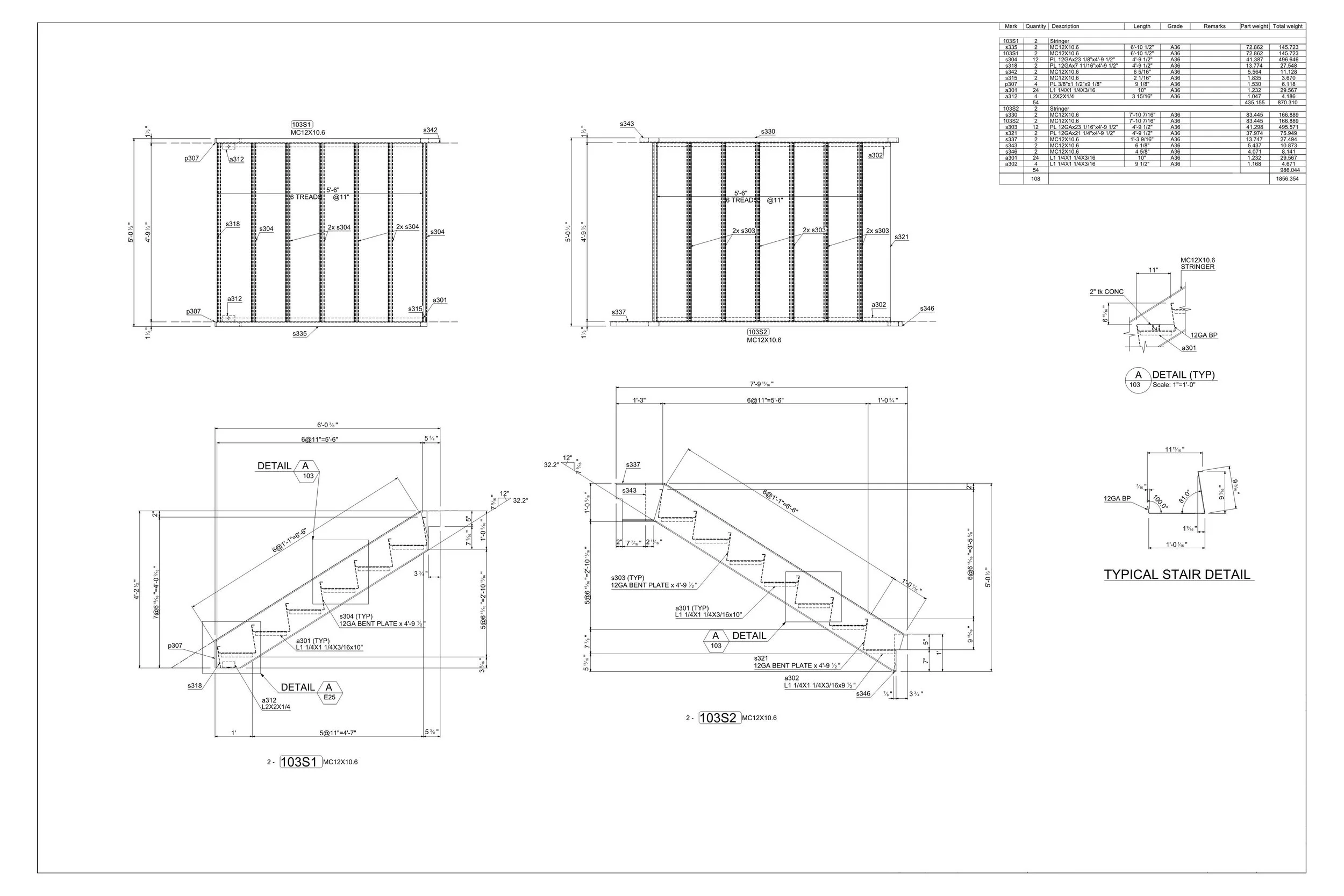 Technical architectural drawing of a staircase with detailed measurements, views, and specifications.