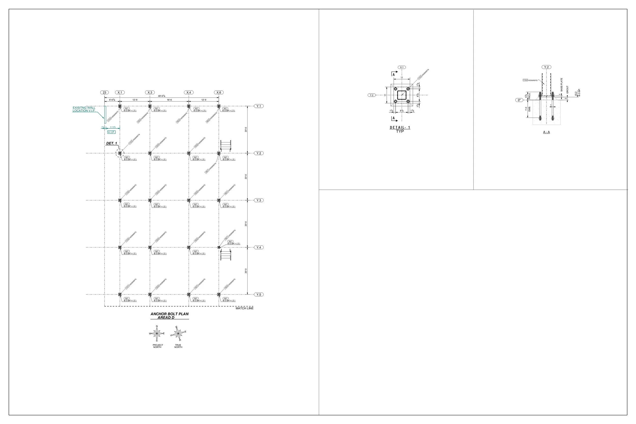 Technical engineering drawing of an anchor bolt plan with detailed views, measurements, and symbols for construction.