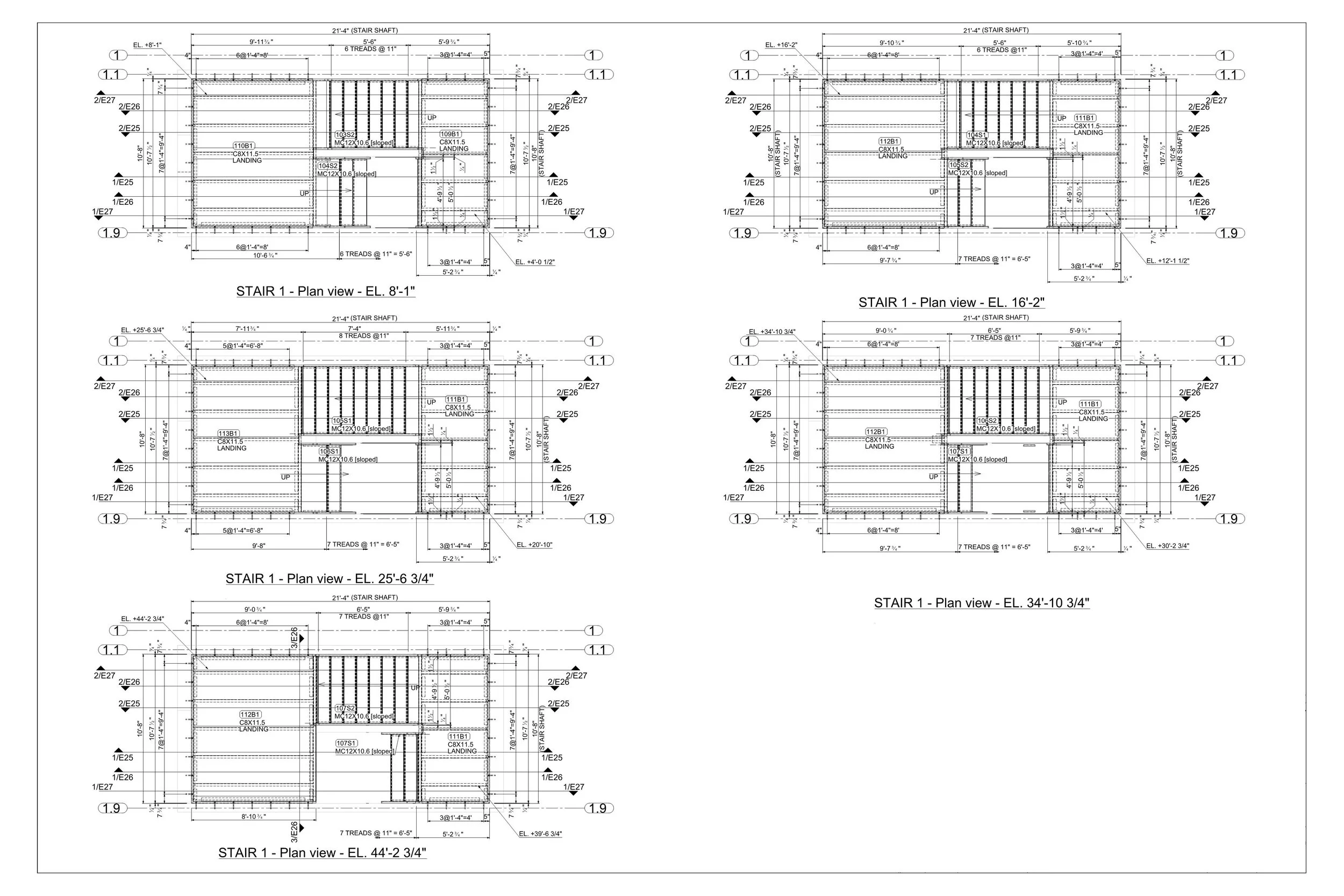 Architectural blueprint drawing of stair 1; includes plan views with different elevation levels (8'-1", 16'-2", 25'-6 3/4", 34'-10 3/4", 44'-2 3/4") showing stair shafts, landings, tread dimensions, and structural details.
