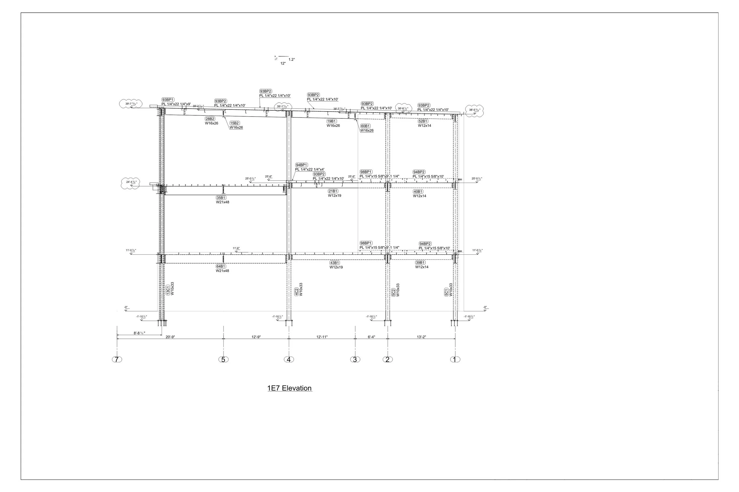 Architectural blueprint drawing showing building structural details, measurements, and elevation labels.