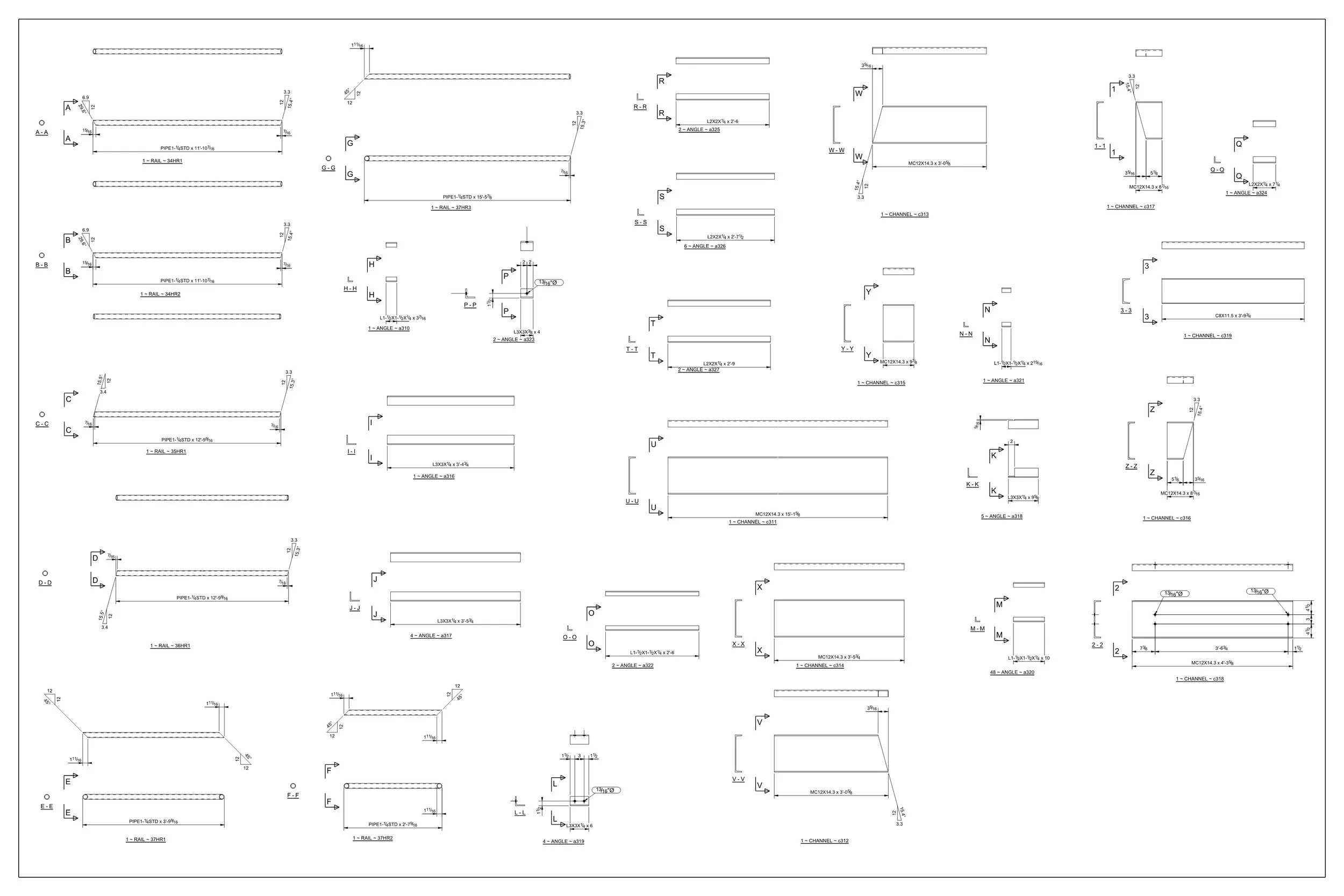 A detailed engineering or architectural technical drawing with various components, measurements, and annotations, likely for fabrication or construction.