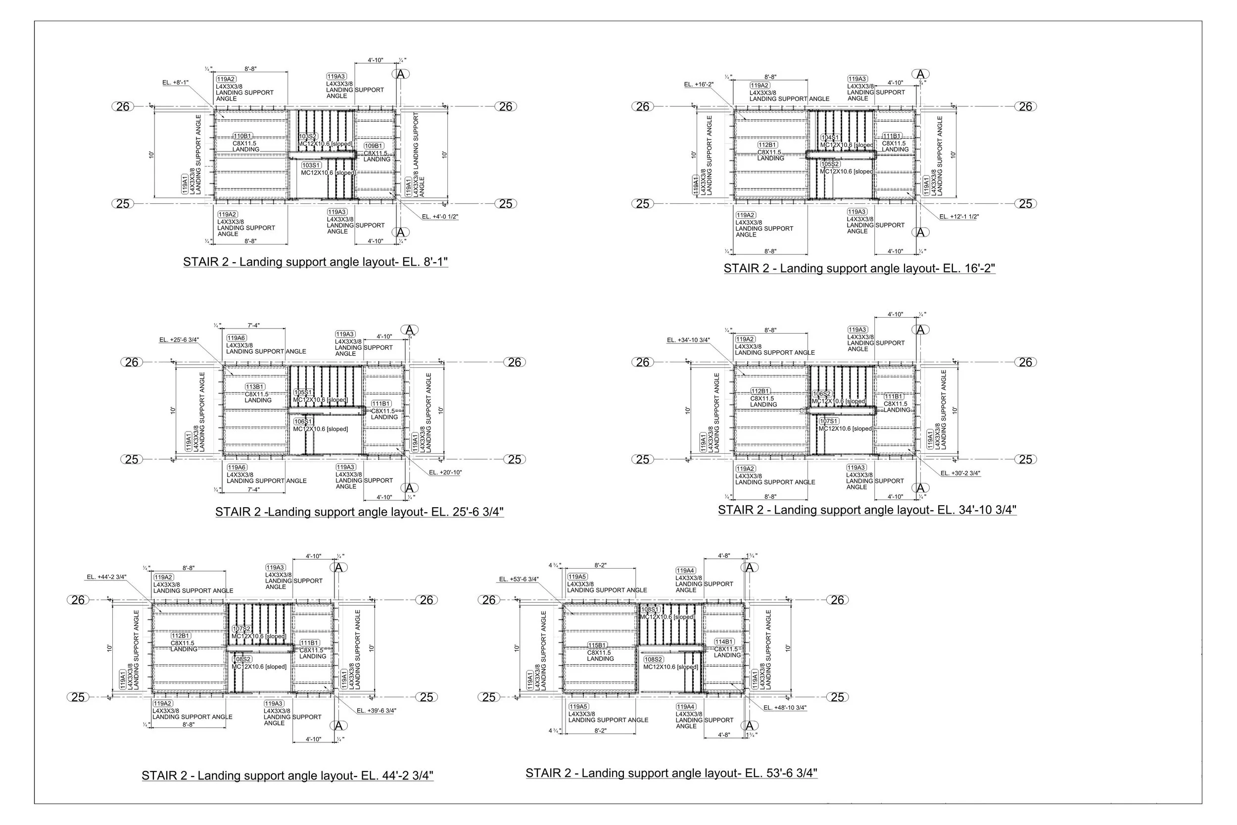 Architectural technical drawing of stair landing support angles at various elevations with measurements and construction details.