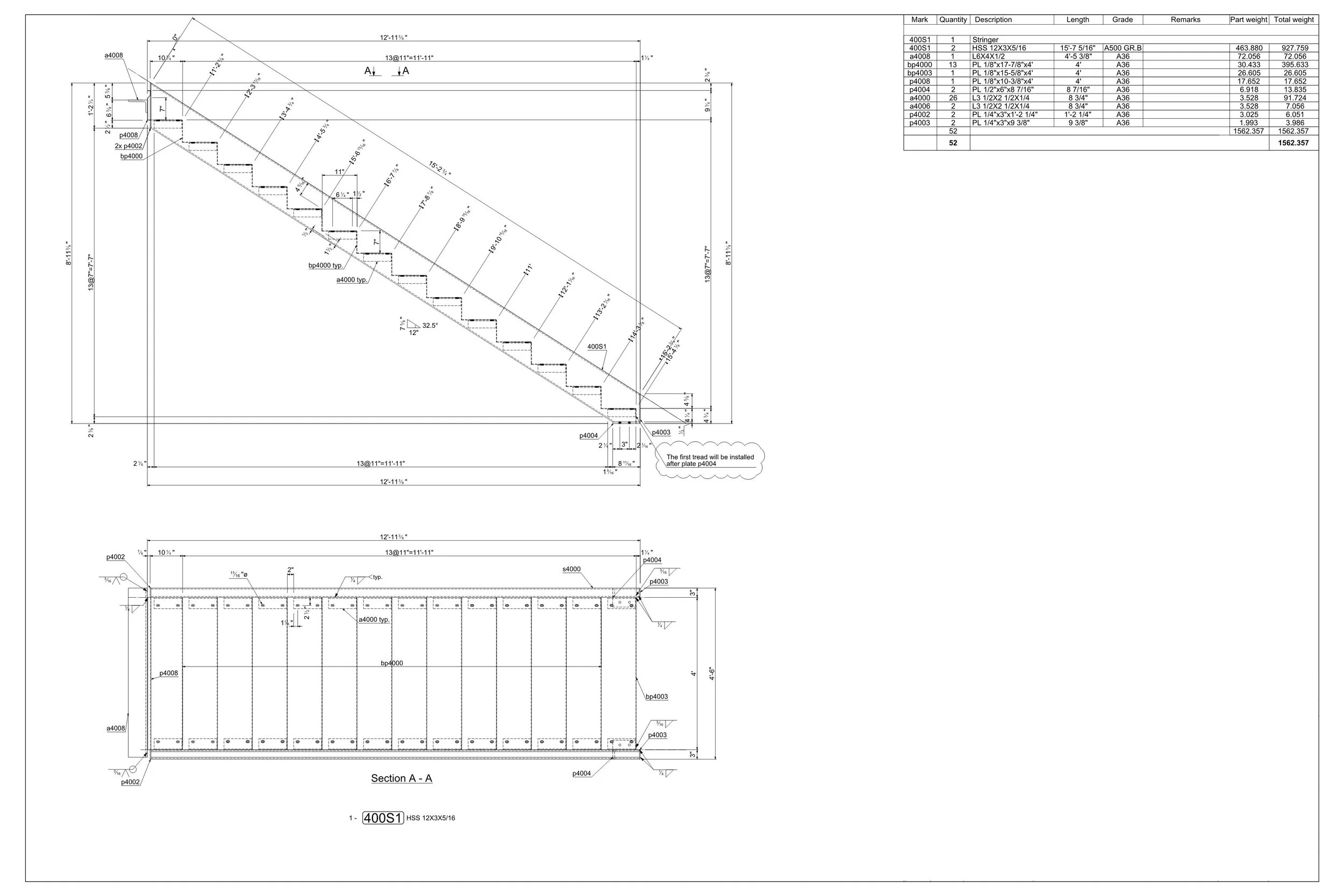 Technical drawing of a staircase with detailed measurements and annotations, showing both a side view and top view.