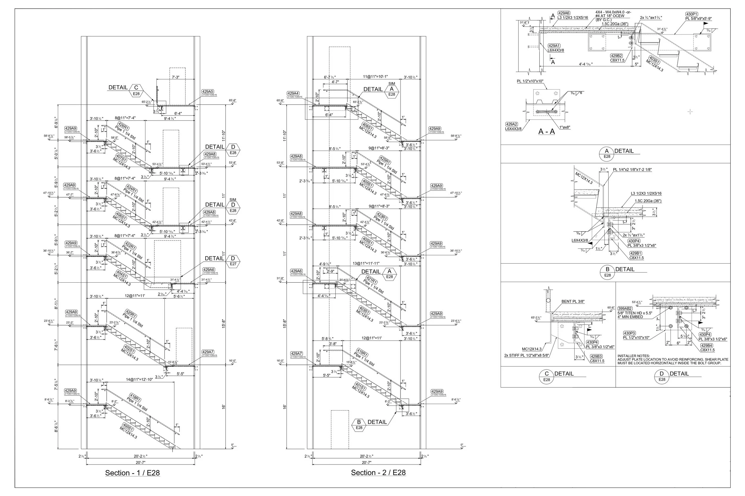 Technical engineering drawing of a multi-story building, showing detailed cross-sections, measurements, and construction notes.