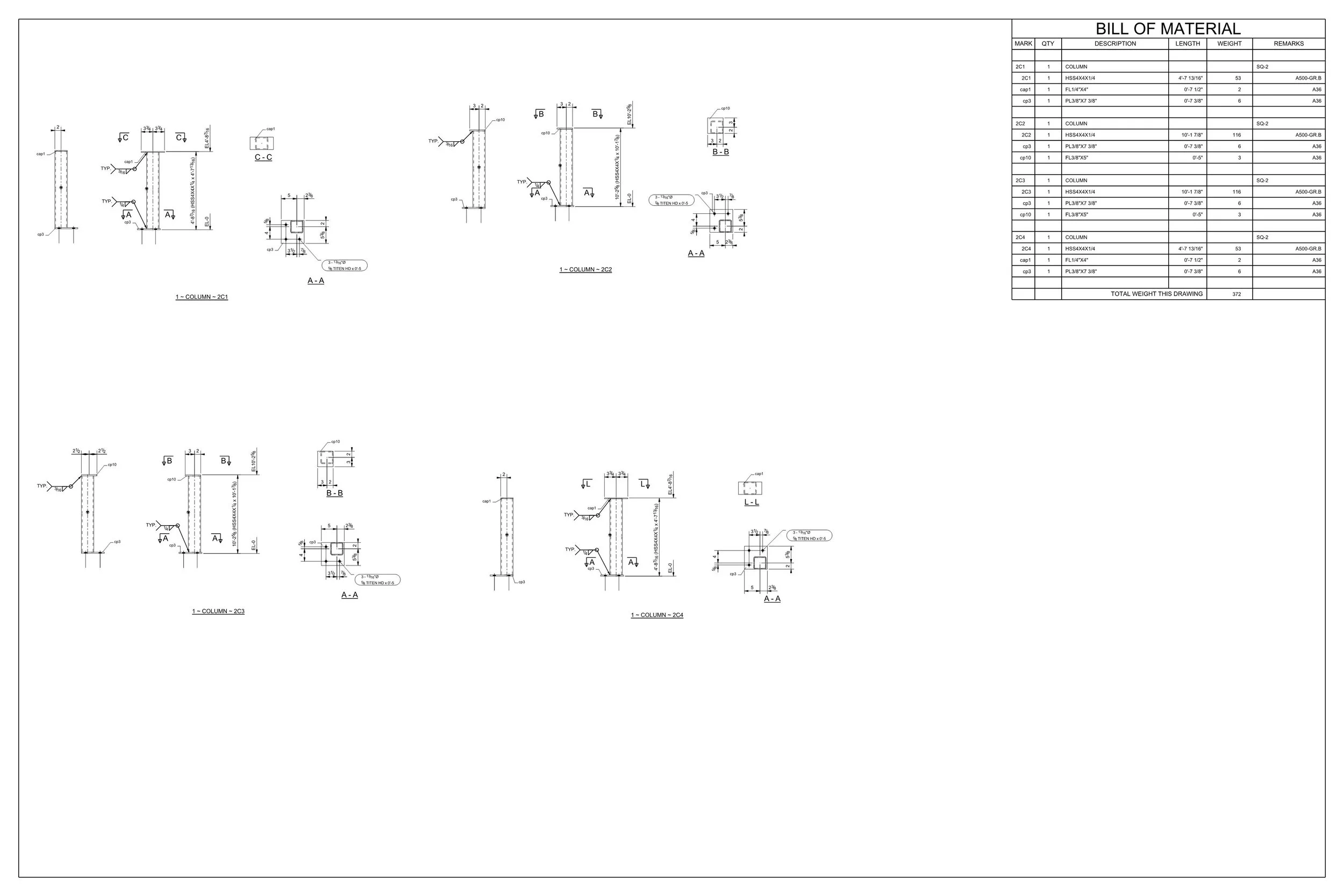Engineering technical drawing titled 'Bill of Material' showing detailed cross-sectional views and specifications for columns with measurements, materials, and weights listed in a table in the top right corner.