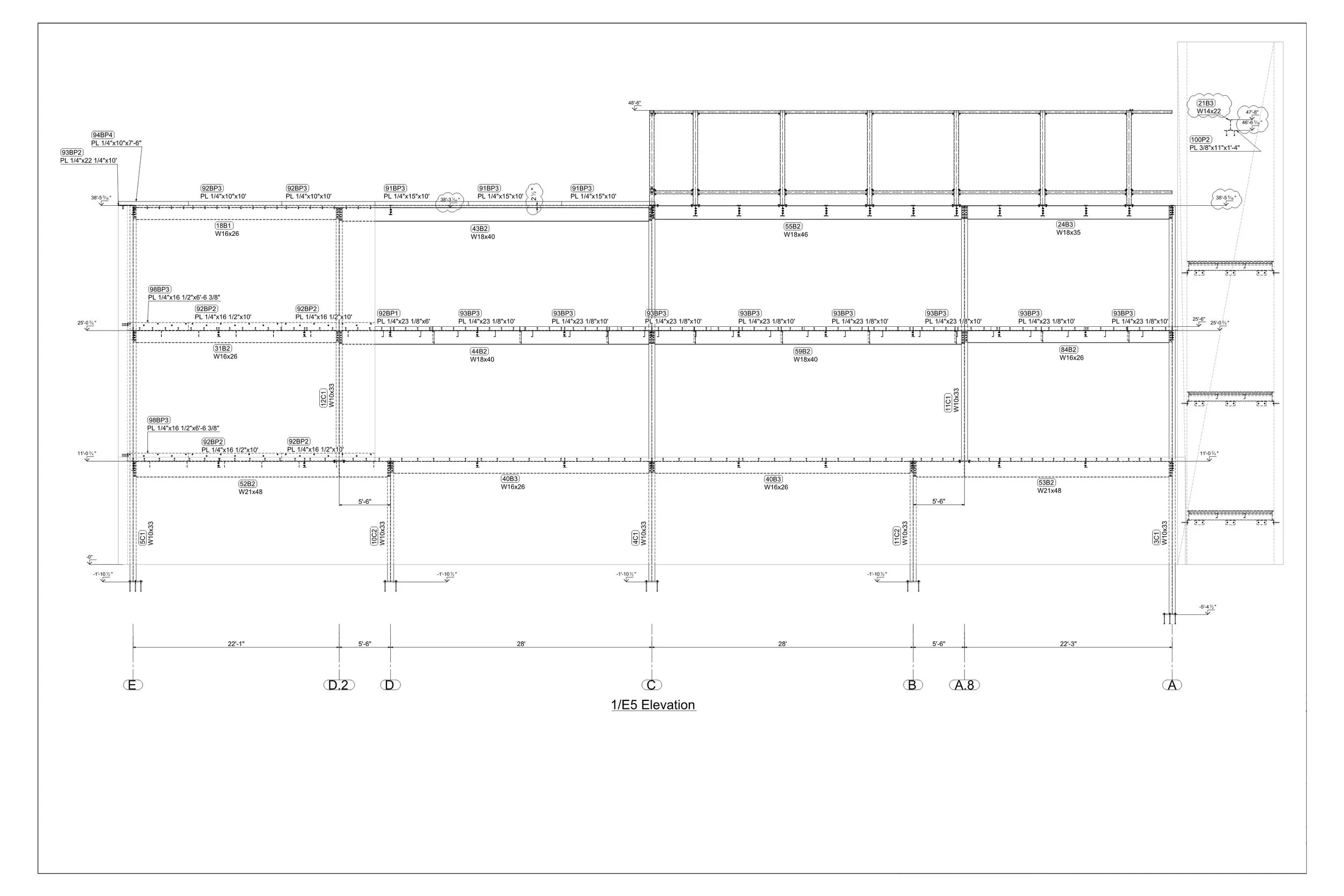 Architectural blueprint of a building elevation, showing multiple levels with structural details and measurements.