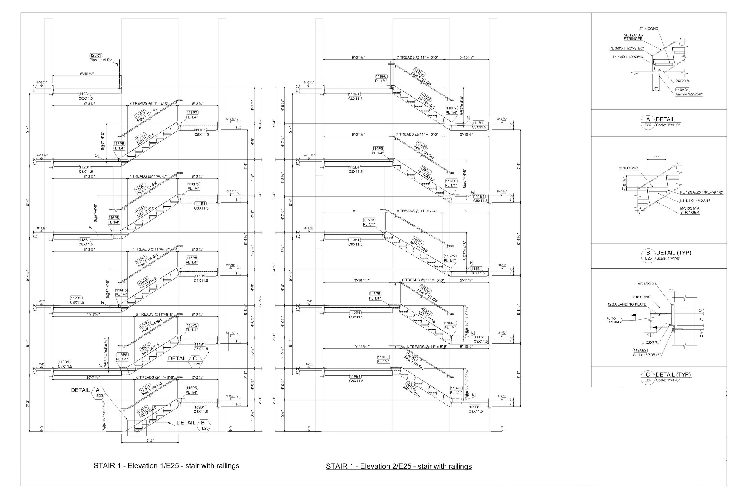 Architectural blueprint of stairs with detailed measurements and specifications, including side elevations, railings, and construction notes.