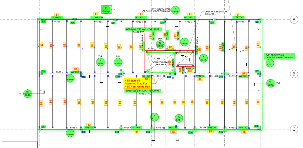 A detailed architectural or construction technical drawing of a building floor plan, showing structural elements, dimensions, and specifications for construction.