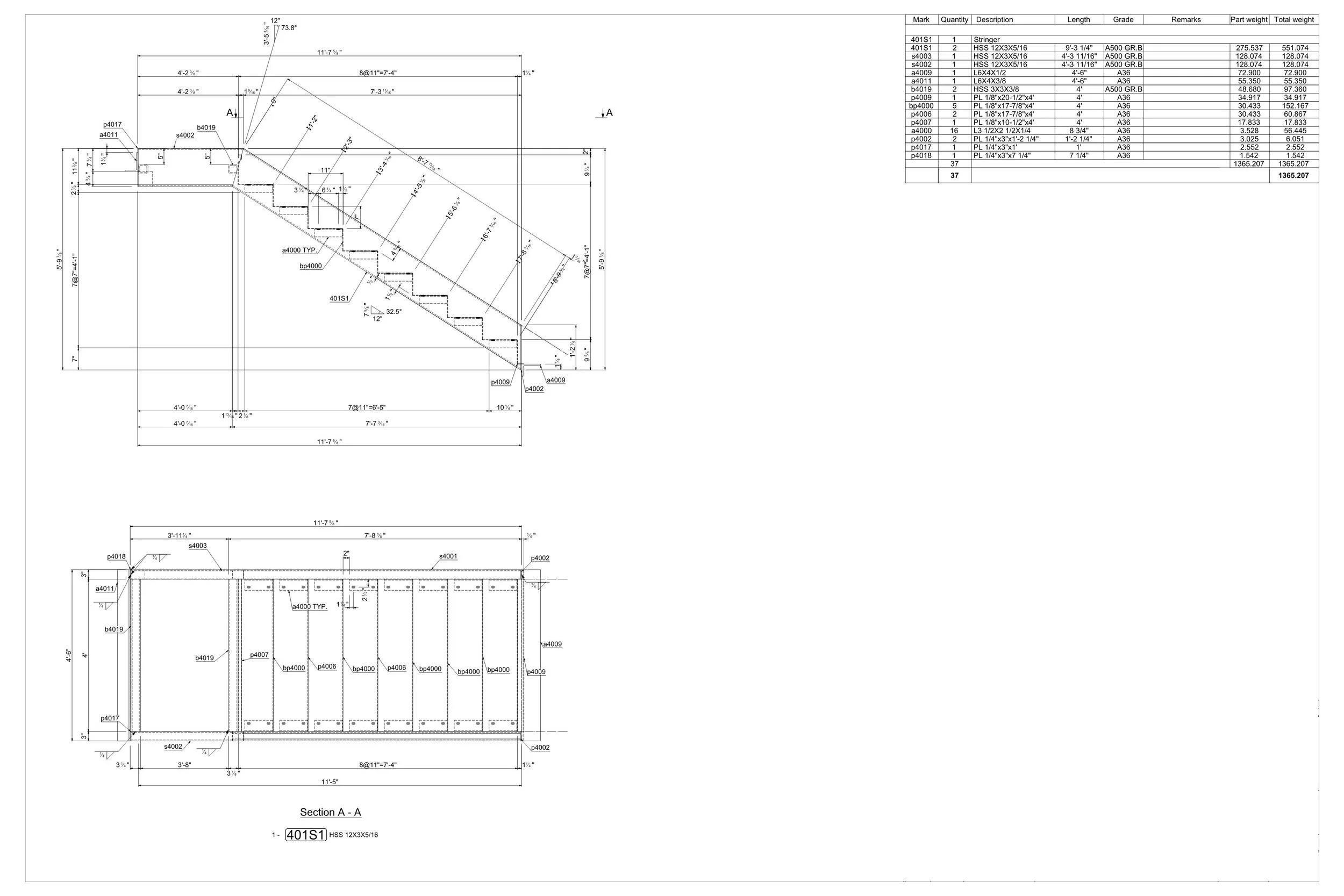 Technical drawing of a staircase with detailed measurements, section views, and parts list.