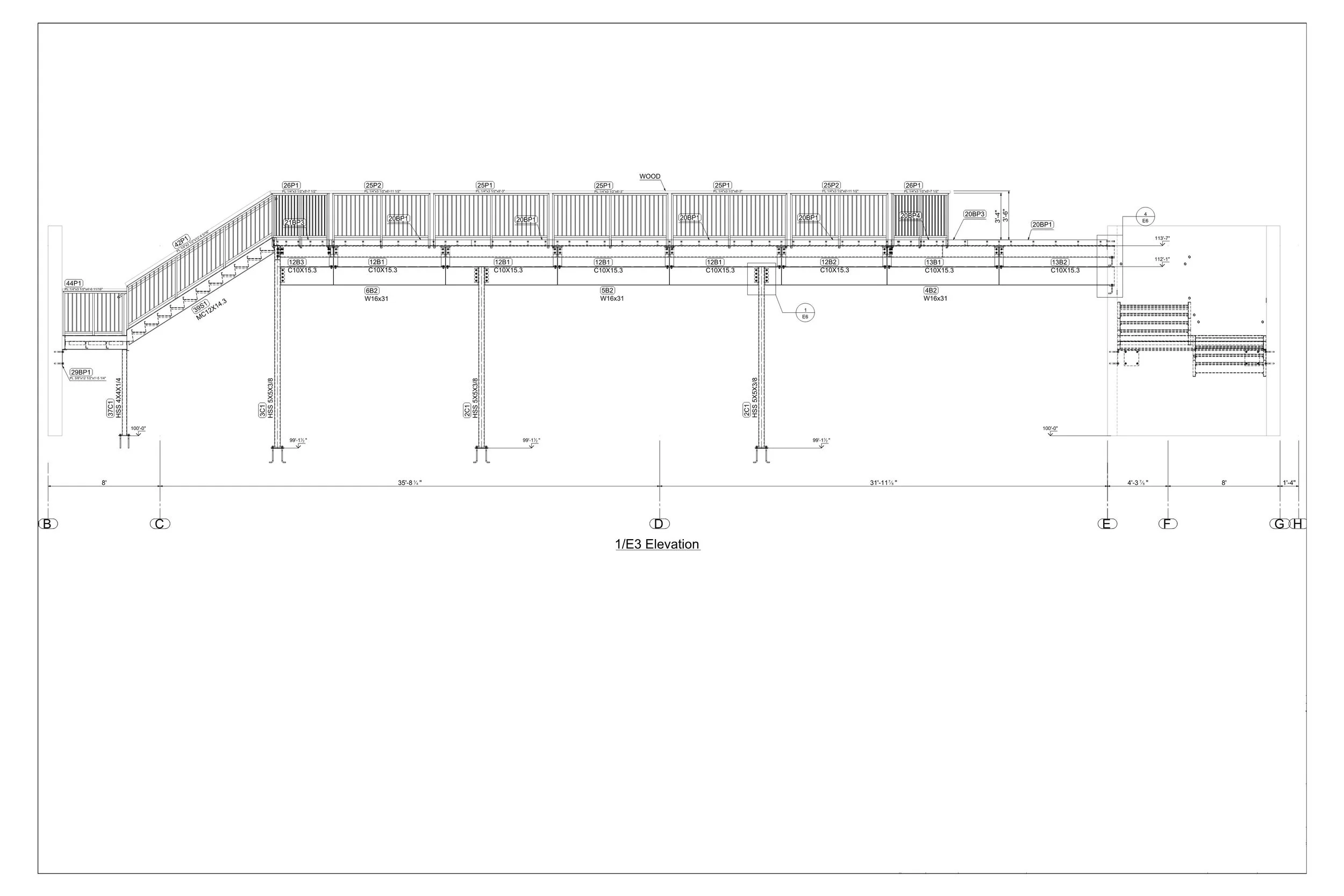 Architectural blueprint of a raised outdoor structure with stairs, railings, support beams, and stairs leading to the ground.