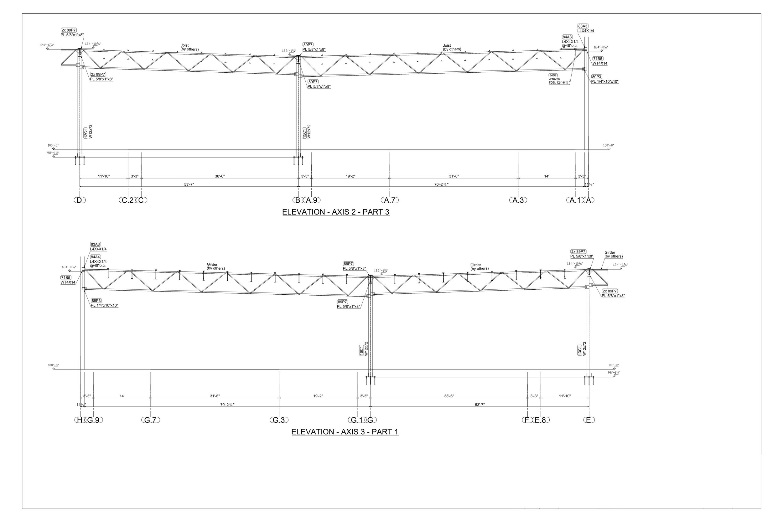 Technical engineering drawing showing elevation views of a structure, focusing on axes 2 and 3, with measurements, labels, and technical specifications.