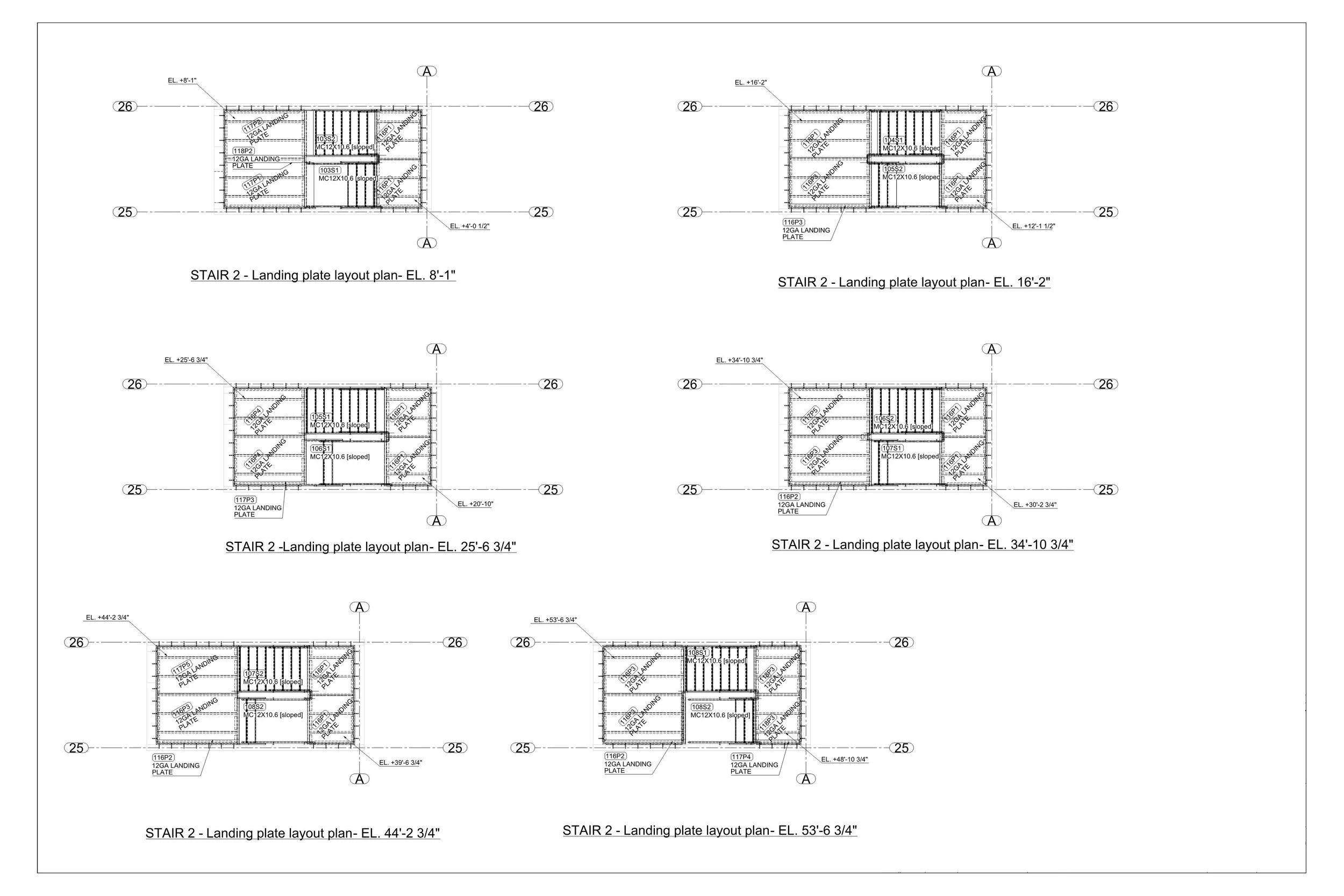 Architectural blueprint showing multiple landing plate layout plans for stairs at different elevations, each with detailed measurements and structural elements.
