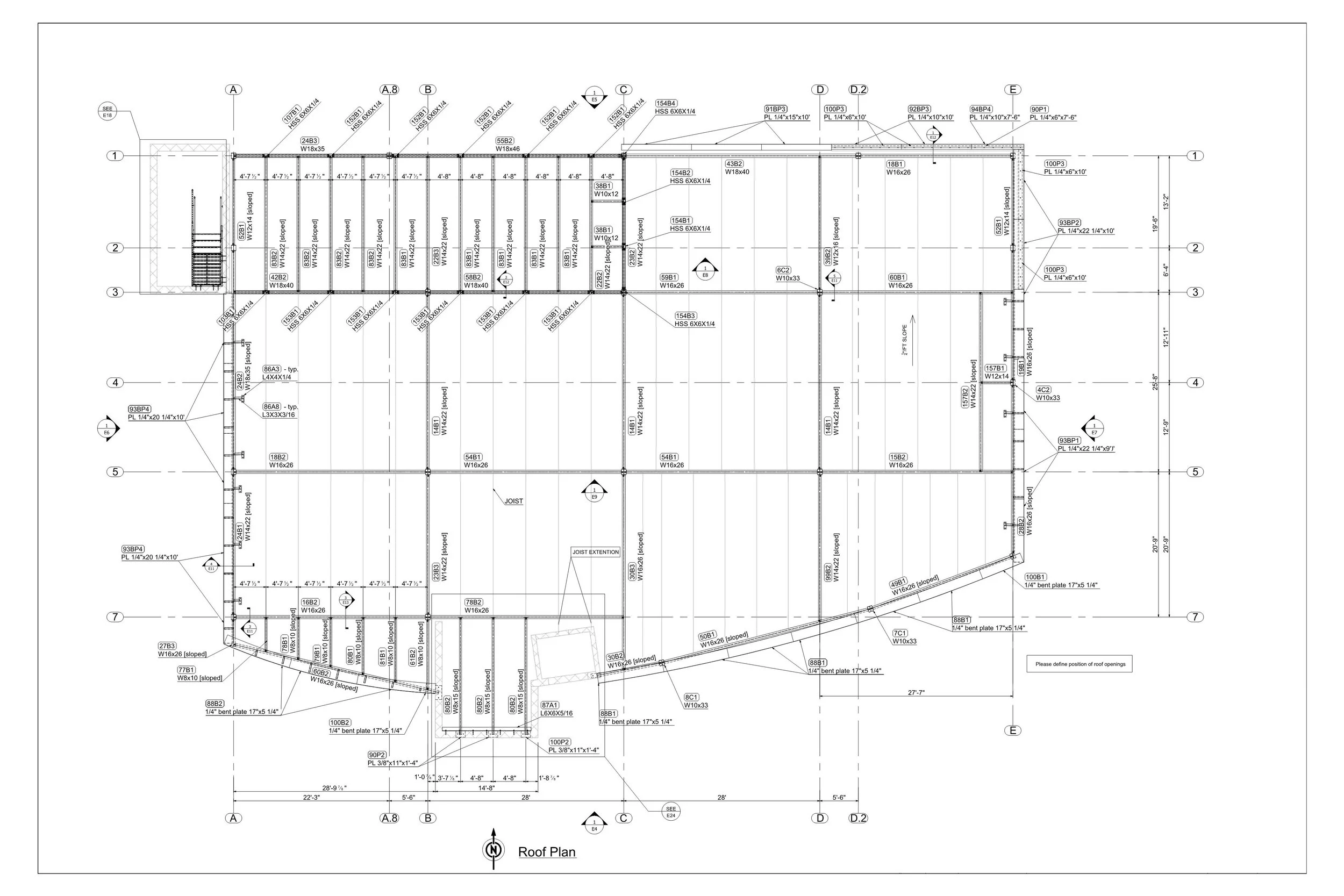 Architectural roof plan drawing showing structural elements, measurements, and construction details for a building's roof.