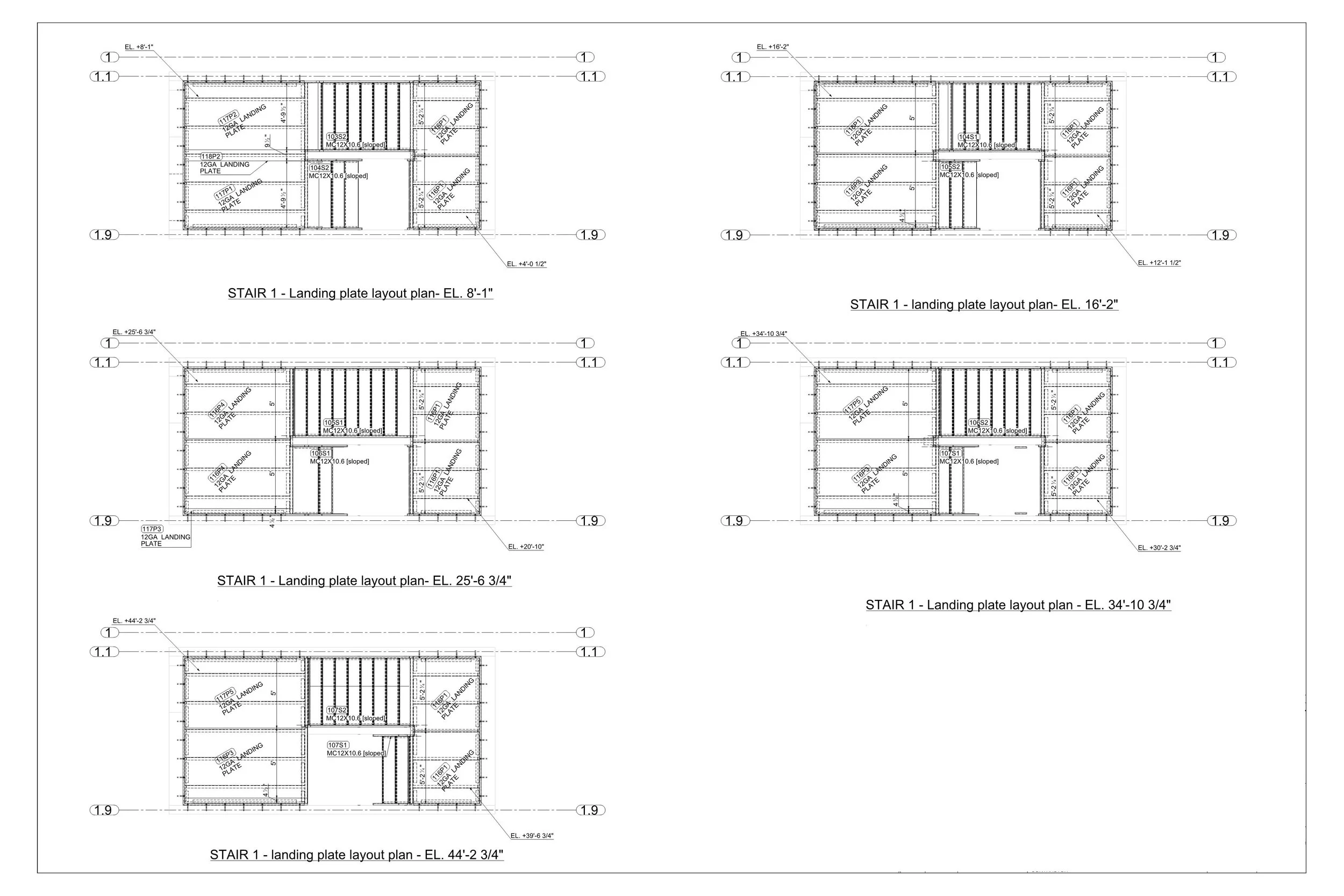 Architectural drawings of a staircase landing plate layout plan at various elevations, including detailed measurements and specifications.