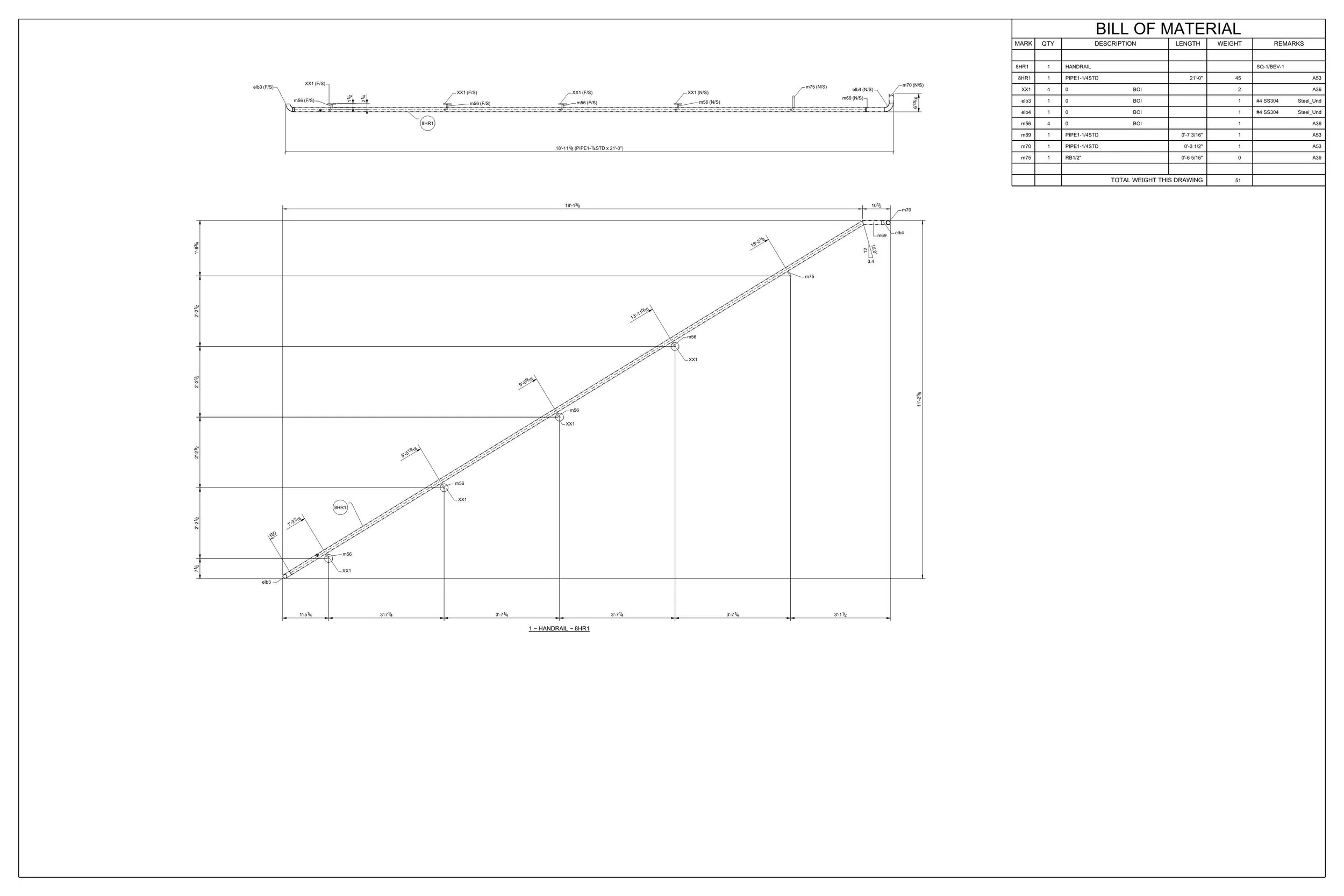 Engineering blueprint of a steel structure with detailed measurements and a bill of material in the top right corner.