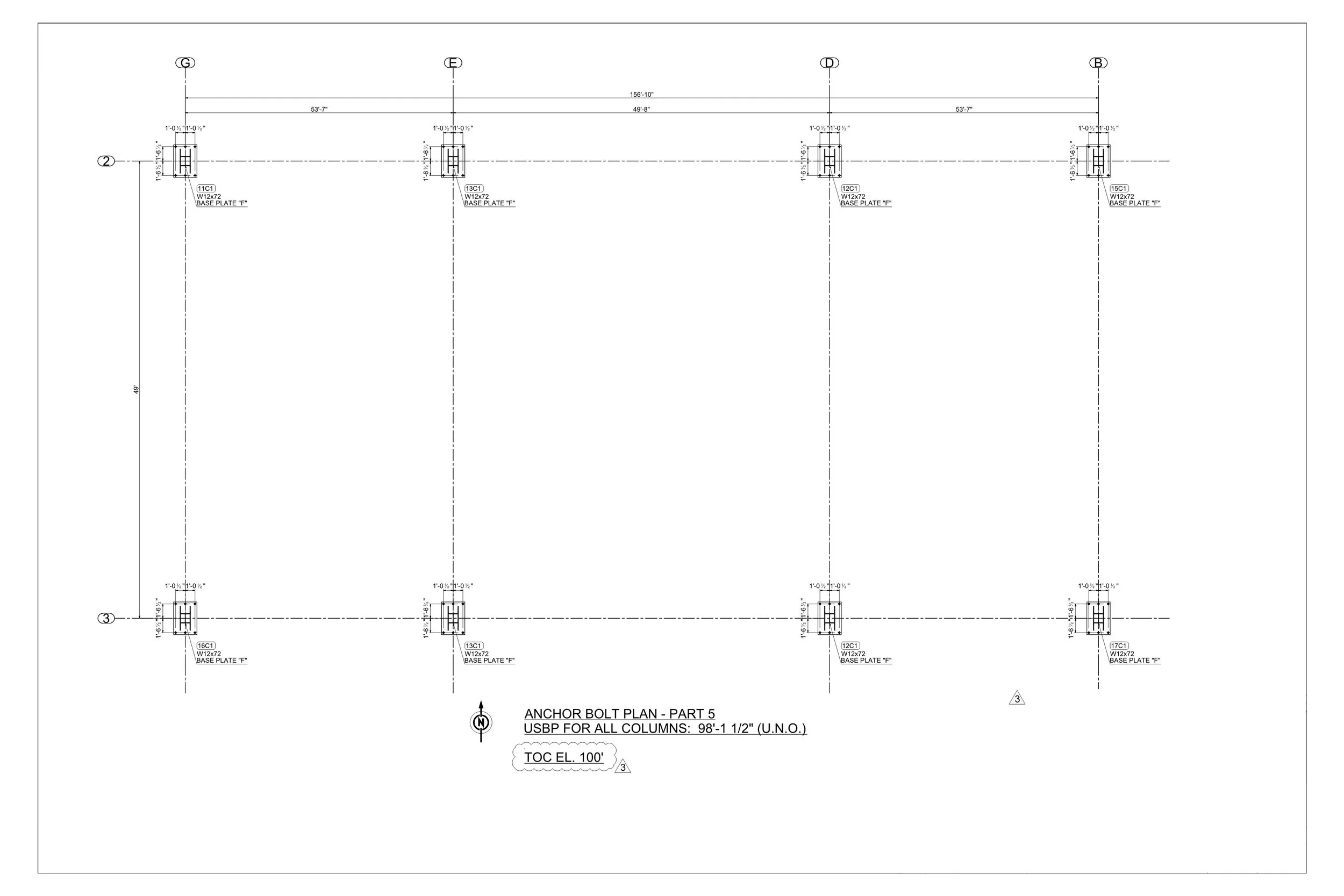 Engineering drawing of an anchor bolt plan with multiple columns and detailed measurements, labeled as part 5, with a north directional arrow and specific specifications for all columns.