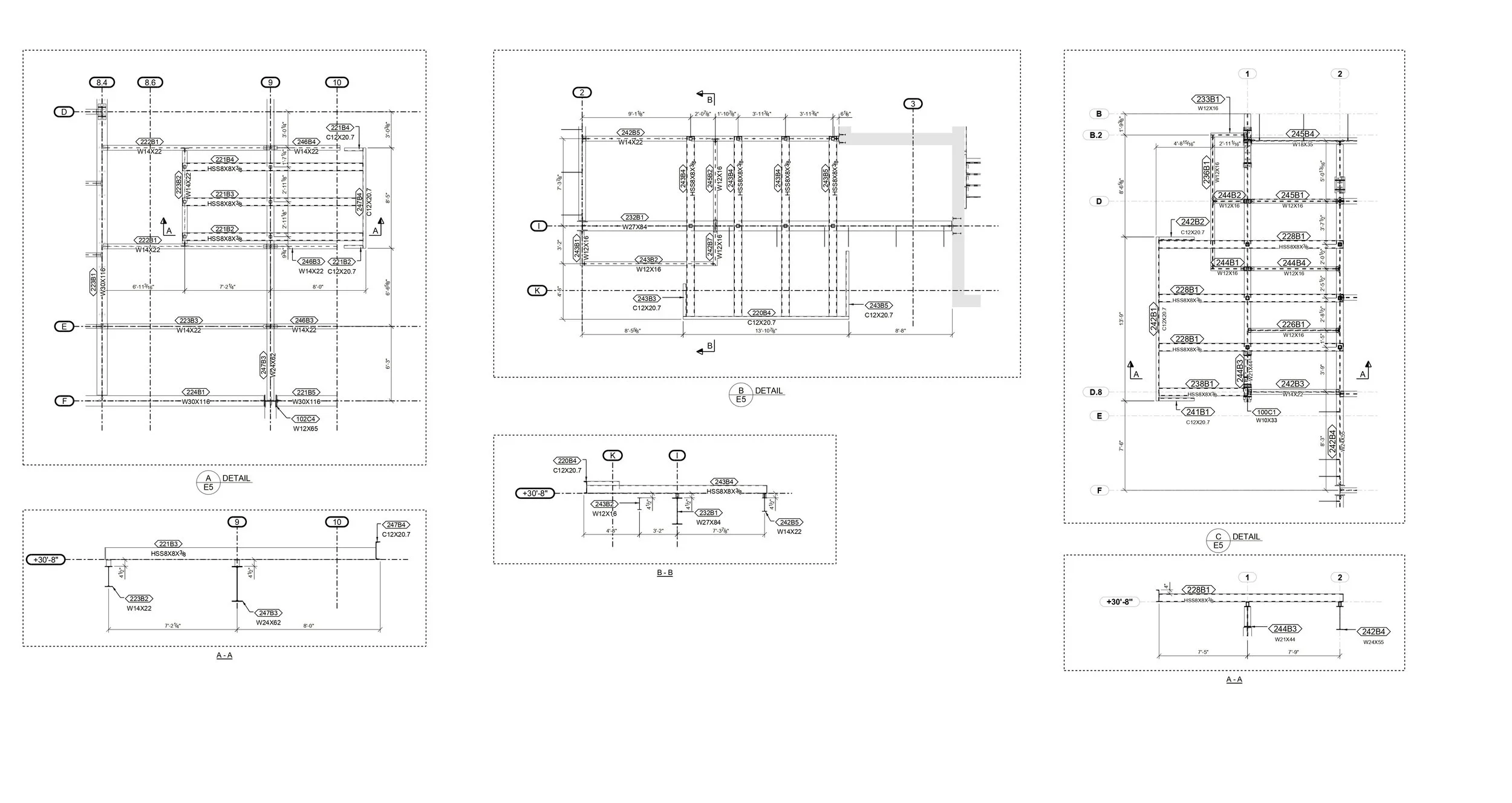 Technical architectural drawing with multiple floor plans, sections, and details of a building structure, labeled with dimensions and construction notes.