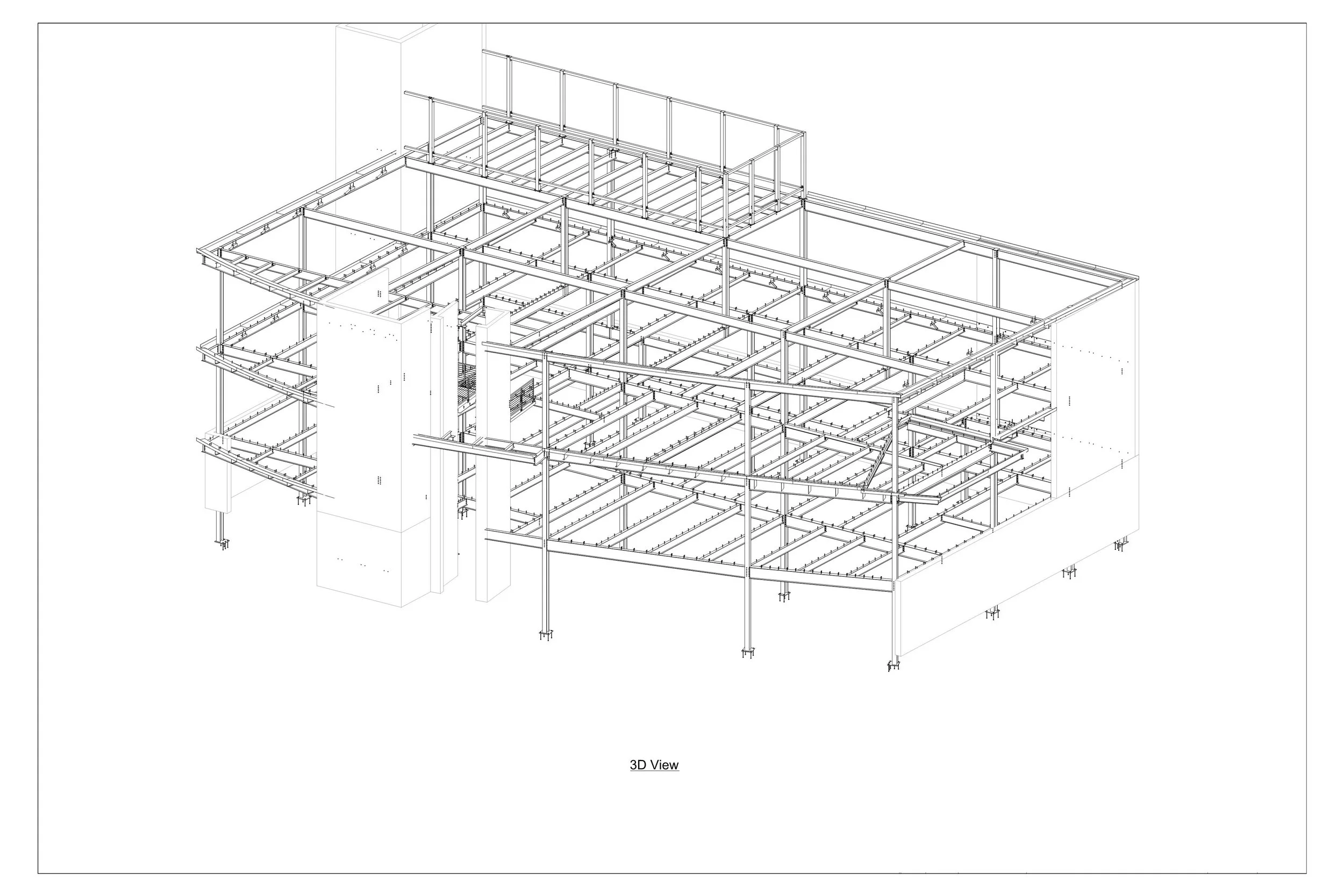 3D architectural drawing of a building frame, showing beams, columns, and structural details.